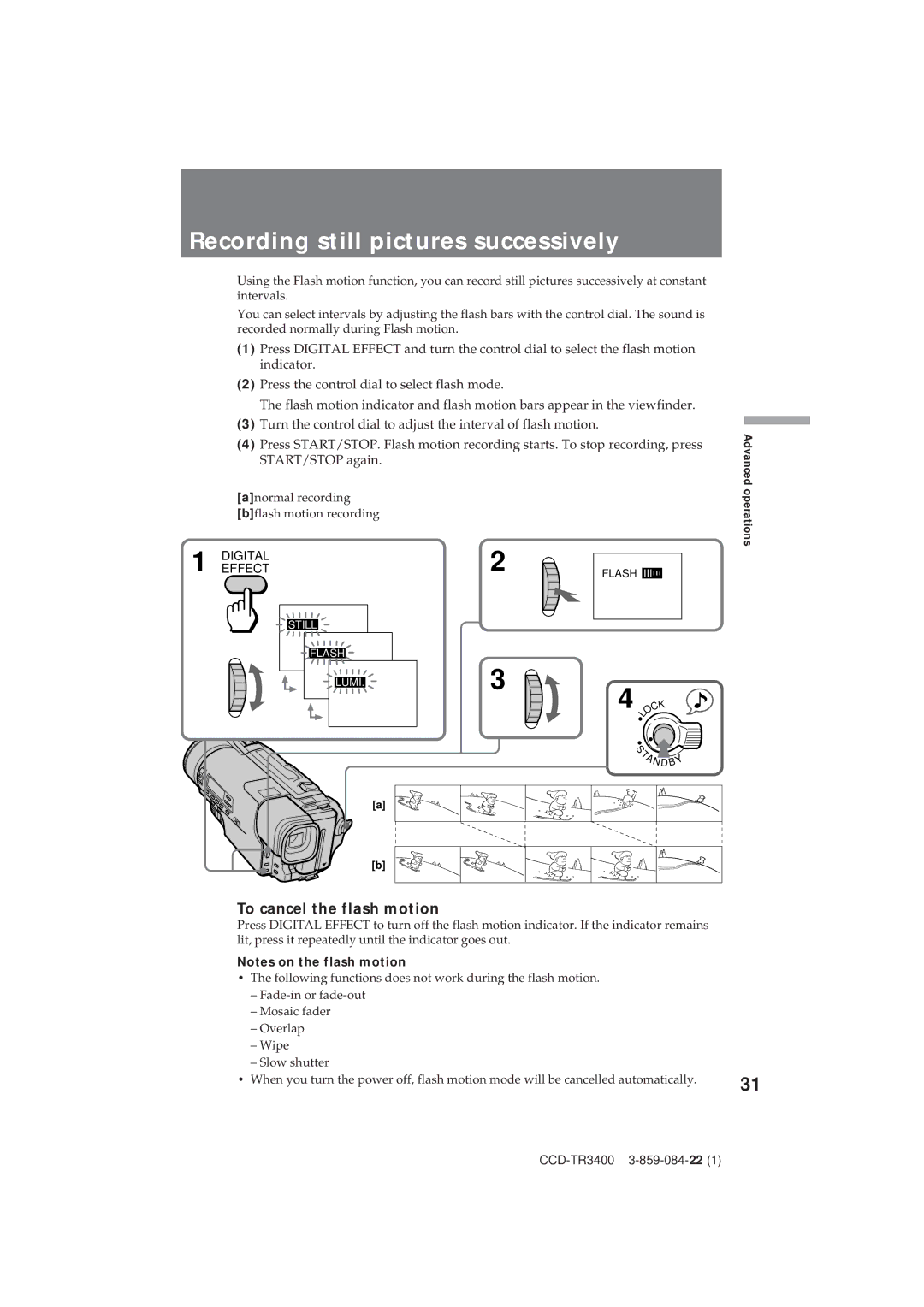 Sony CCD-TR3400 operating instructions Recording still pictures successively, To cancel the flash motion 