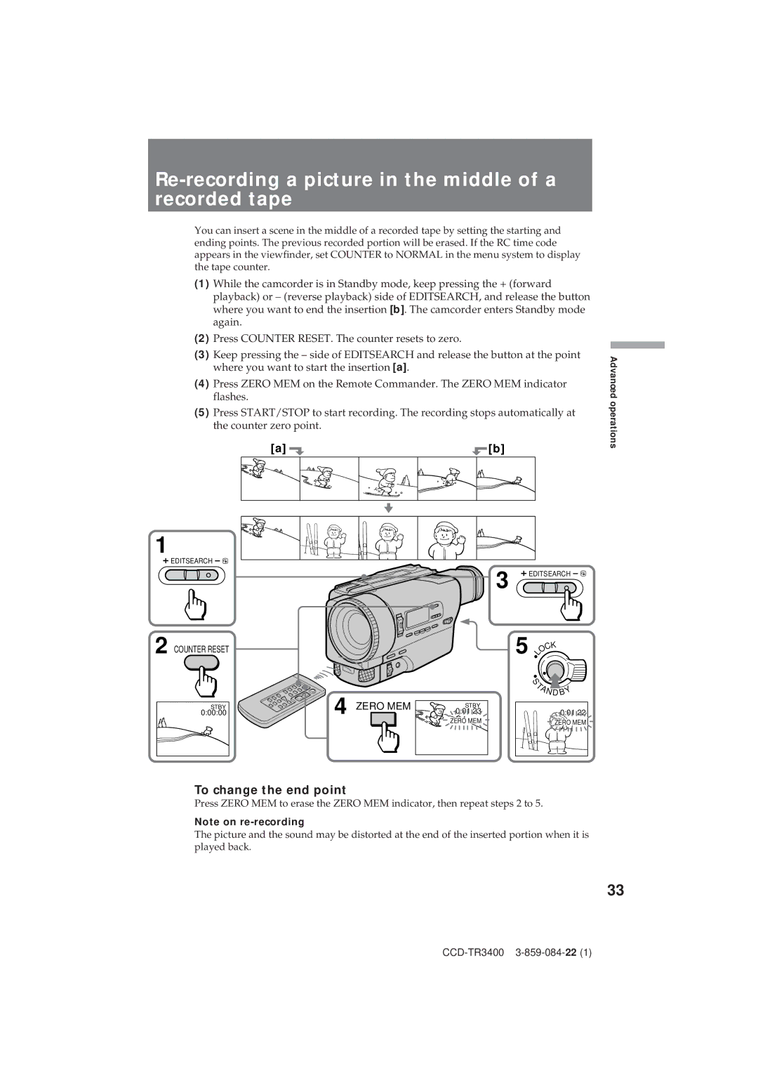 Sony CCD-TR3400 operating instructions Re-recording a picture in the middle of a recorded tape, To change the end point 