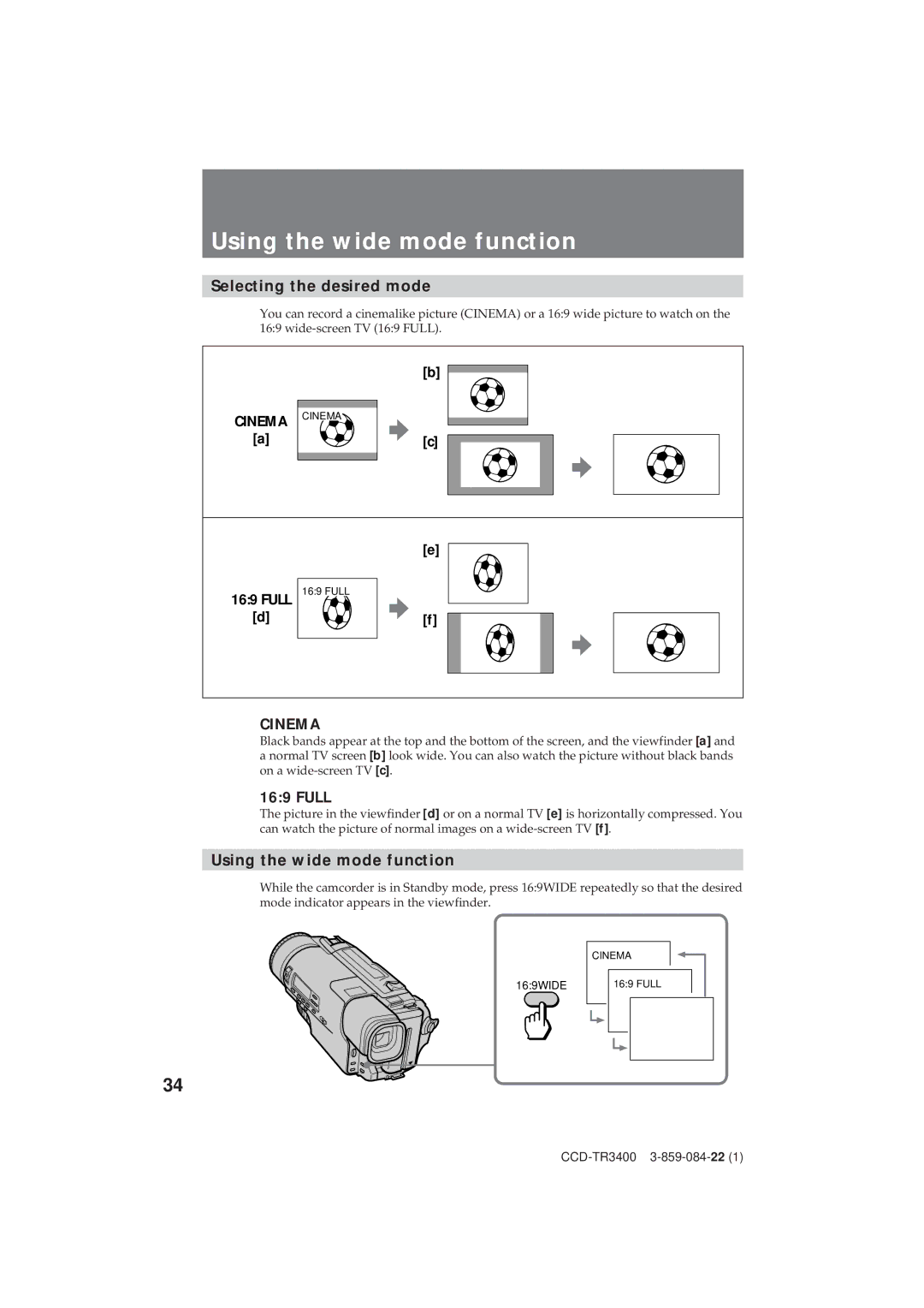 Sony CCD-TR3400 operating instructions Using the wide mode function, Selecting the desired mode, Full 