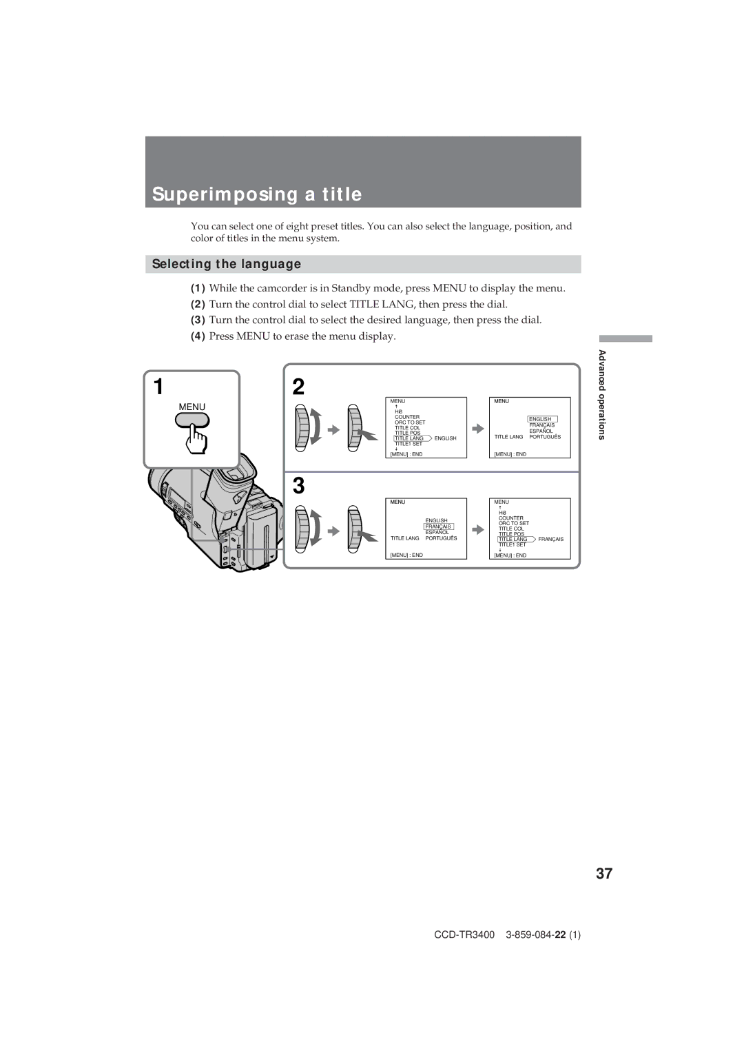 Sony CCD-TR3400 operating instructions Superimposing a title, Selecting the language 