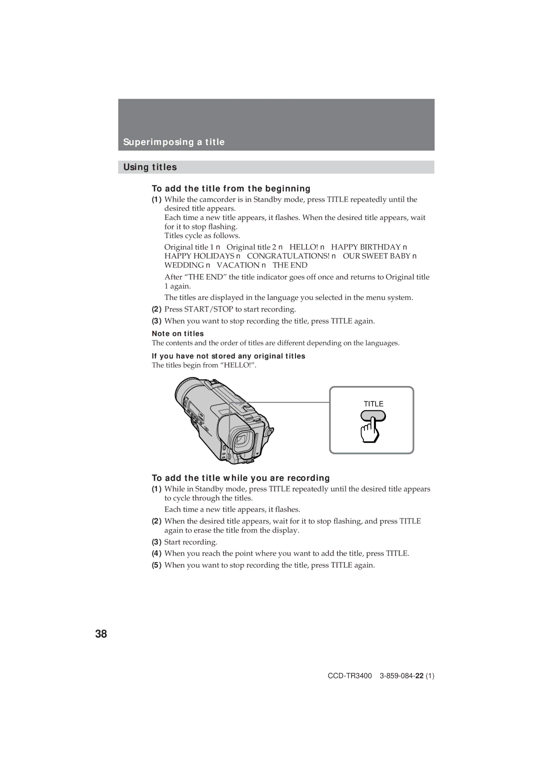 Sony CCD-TR3400 operating instructions Superimposing a title, Using titles To add the title from the beginning 