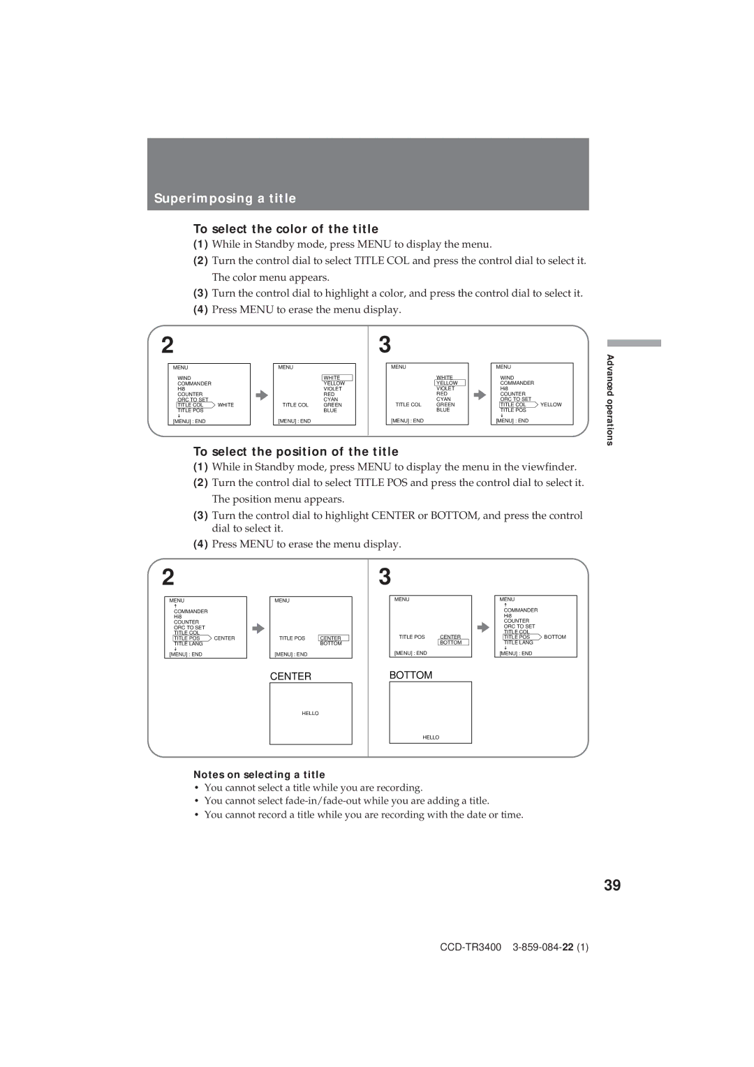 Sony CCD-TR3400 operating instructions To select the color of the title, To select the position of the title 