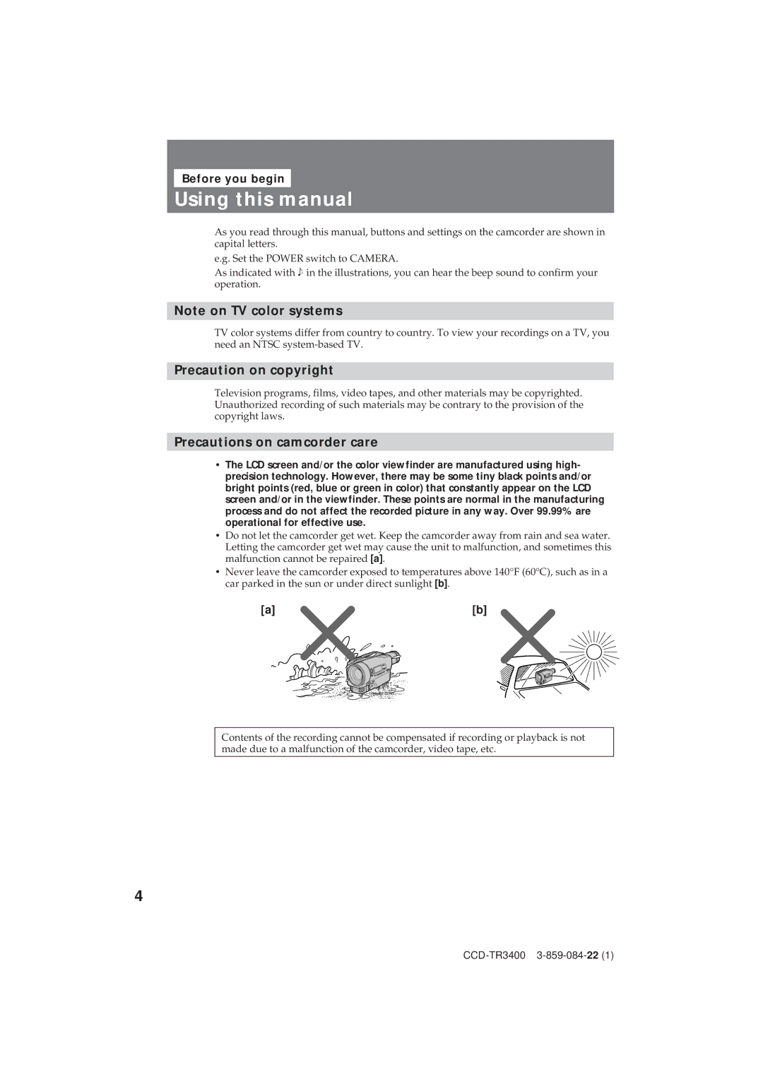 Sony CCD-TR3400 operating instructions Using this manual, Precaution on copyright, Precautions on camcorder care 