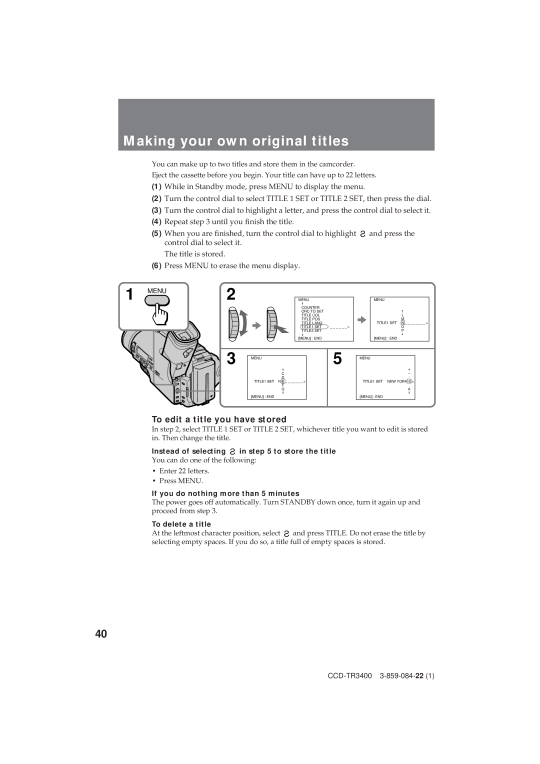 Sony CCD-TR3400 To edit a title you have stored, Instead of selecting To store the title, To delete a title 