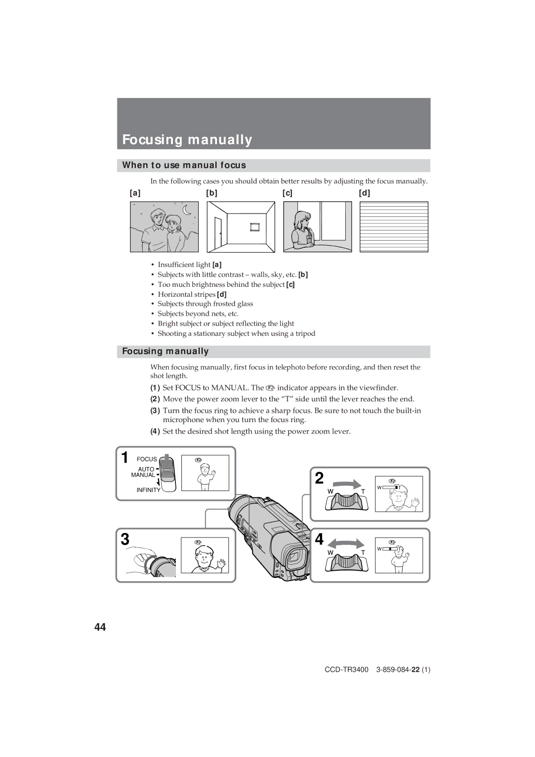 Sony CCD-TR3400 operating instructions Focusing manually, When to use manual focus 