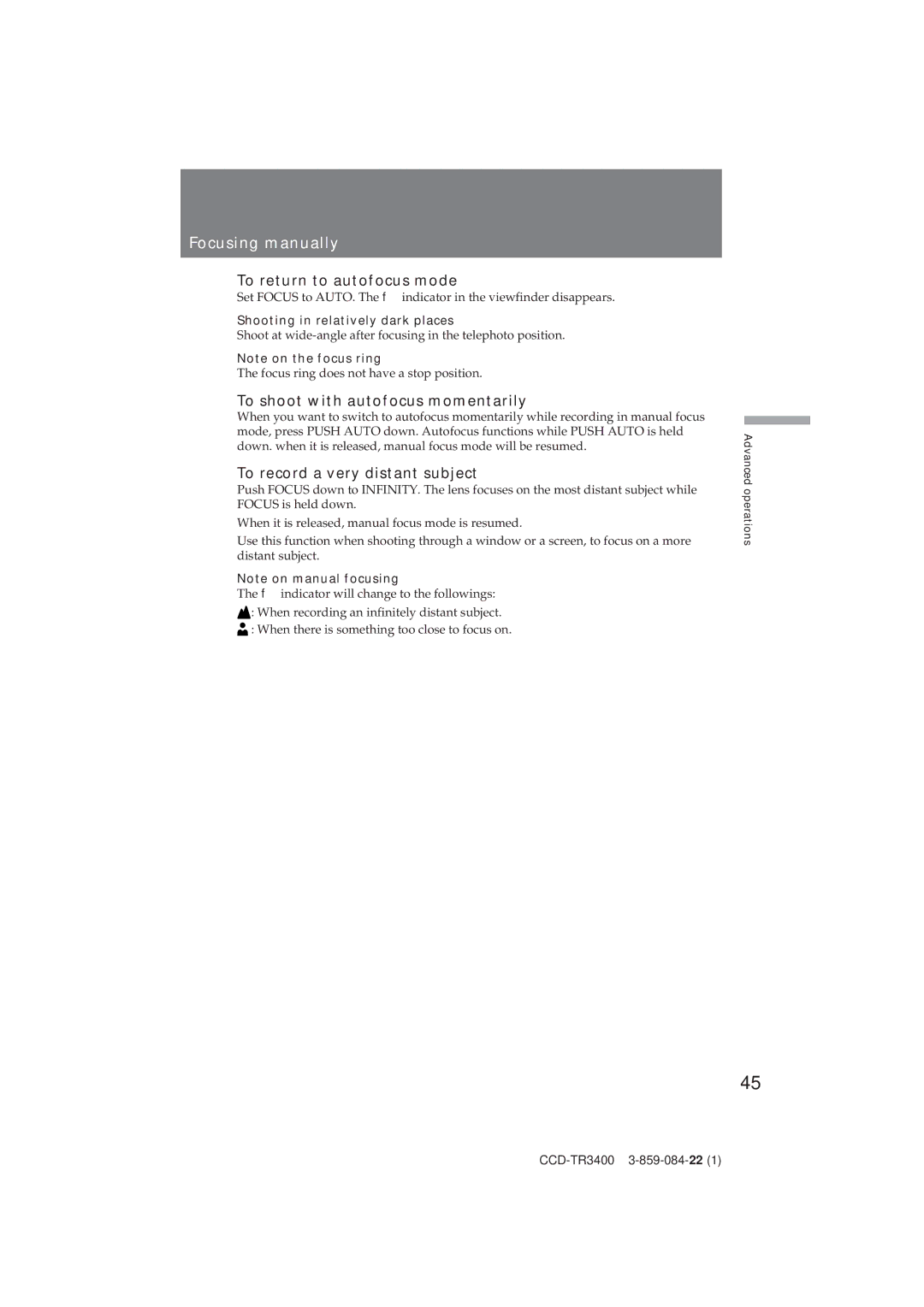 Sony CCD-TR3400 operating instructions Focusing manually, To return to autofocus mode, To shoot with autofocus momentarily 