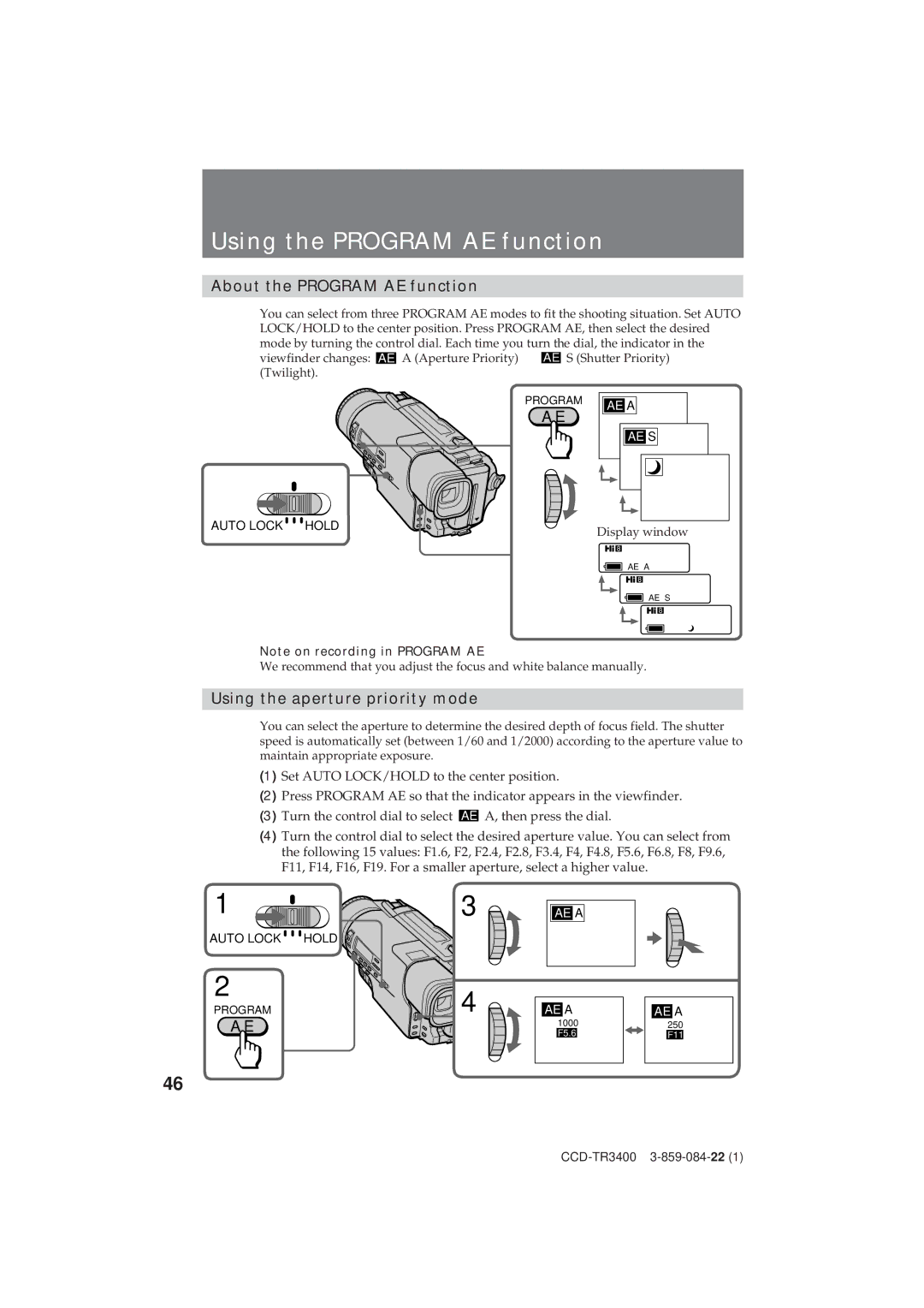 Sony CCD-TR3400 Using the Program AE function, About the Program AE function, Using the aperture priority mode 