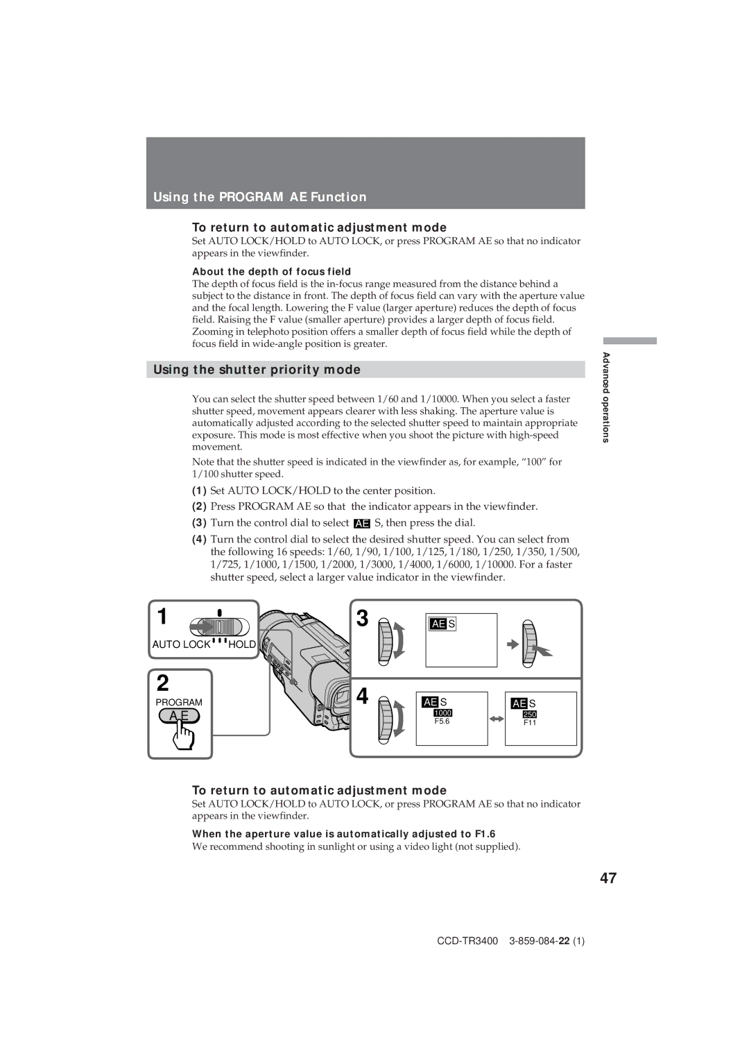 Sony CCD-TR3400 Using the Program AE Function, To return to automatic adjustment mode, Using the shutter priority mode 