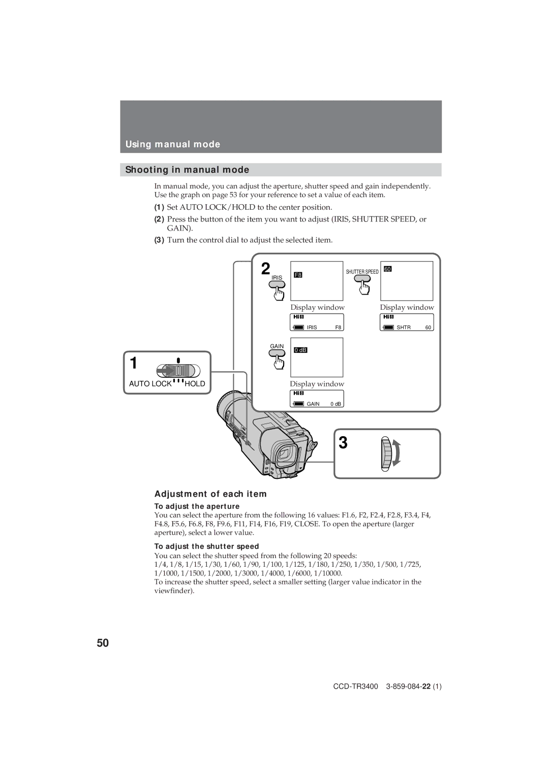 Sony CCD-TR3400 Using manual mode, Shooting in manual mode, Adjustment of each item, To adjust the aperture 