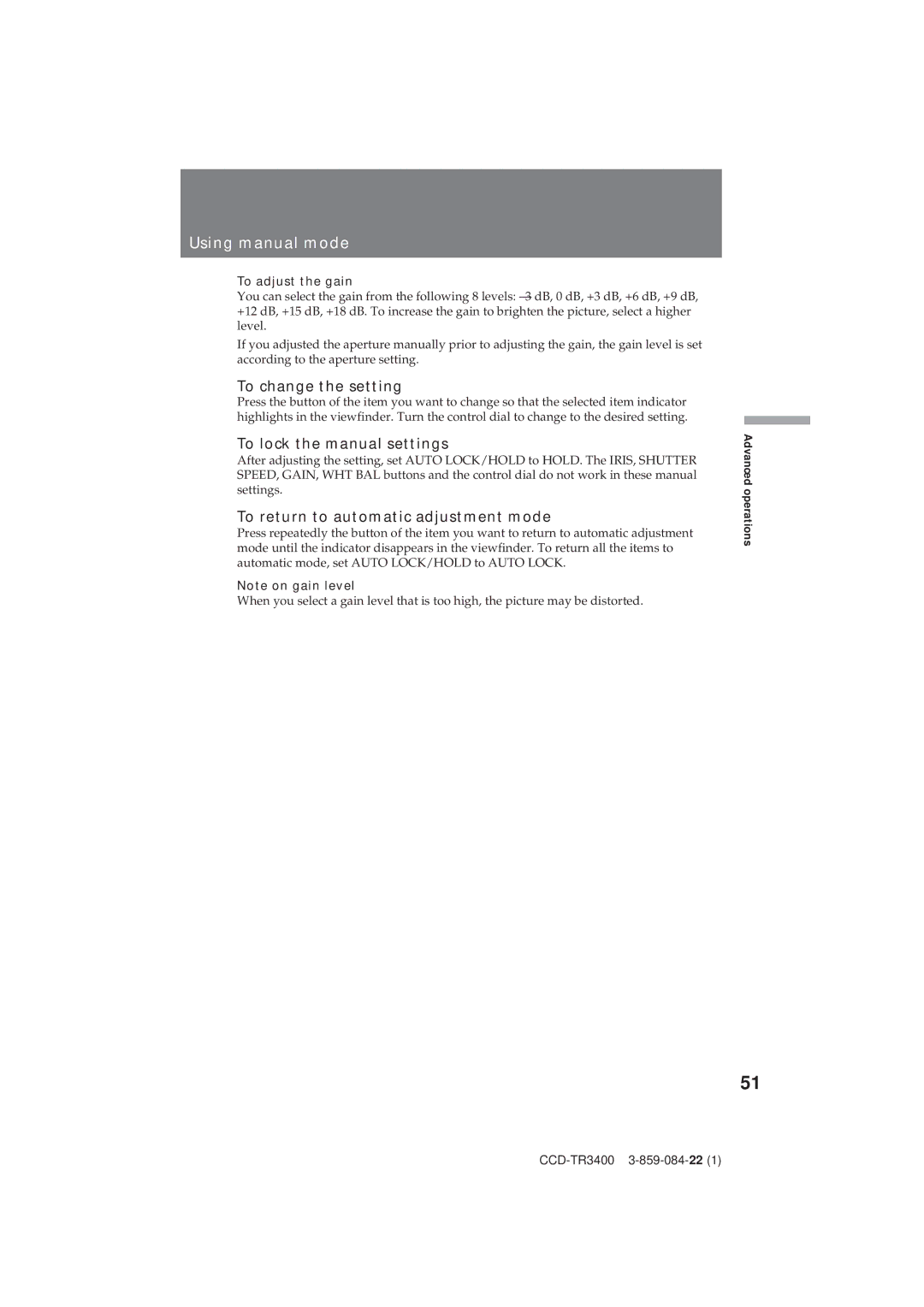 Sony CCD-TR3400 operating instructions To change the setting, To lock the manual settings, To adjust the gain 