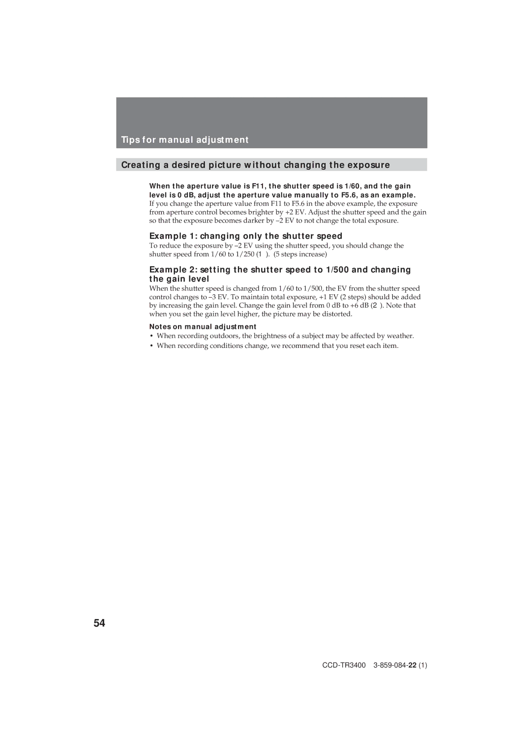 Sony CCD-TR3400 operating instructions Tips for manual adjustment, Creating a desired picture without changing the exposure 