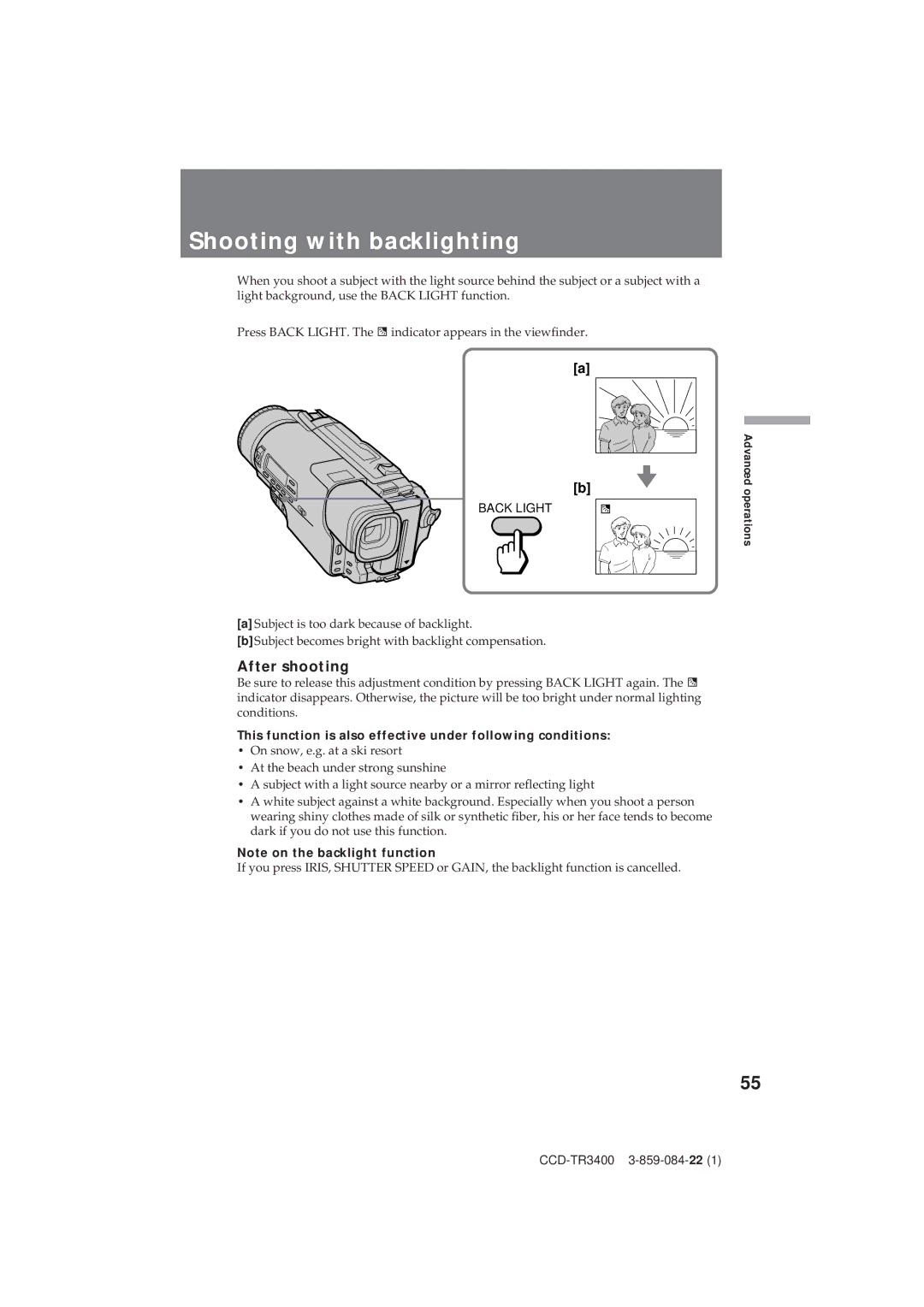 Sony CCD-TR3400 Shooting with backlighting, After shooting, This function is also effective under following conditions 