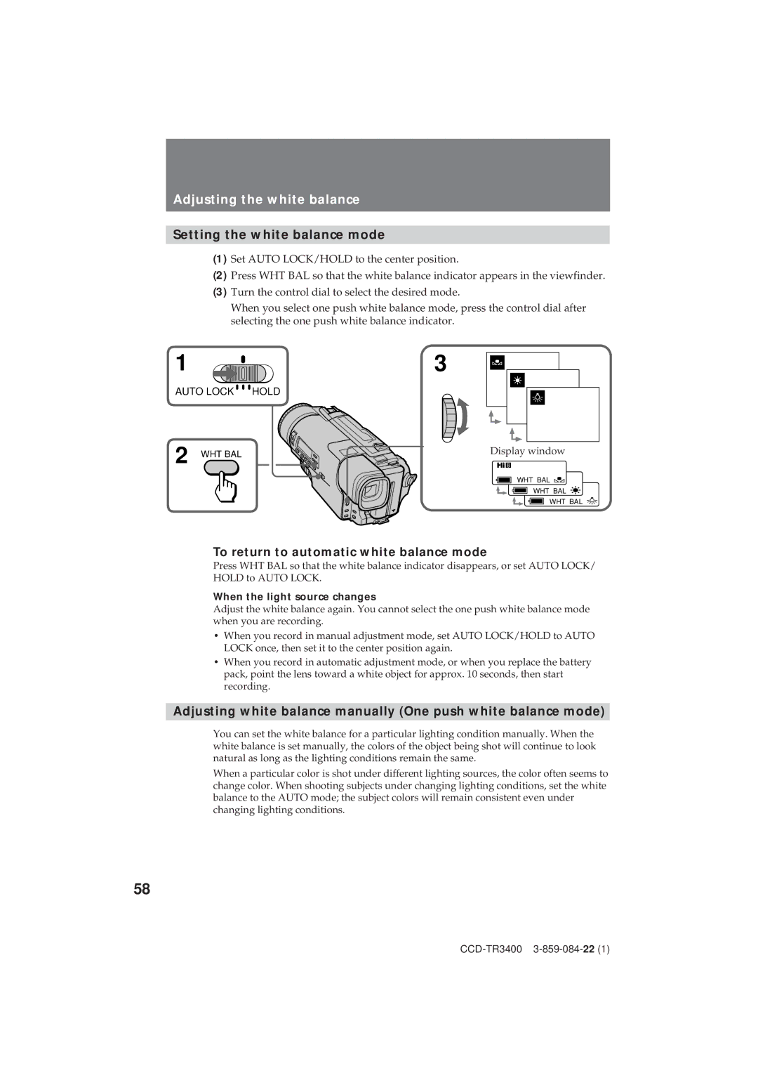 Sony CCD-TR3400 Adjusting the white balance, Setting the white balance mode, To return to automatic white balance mode 