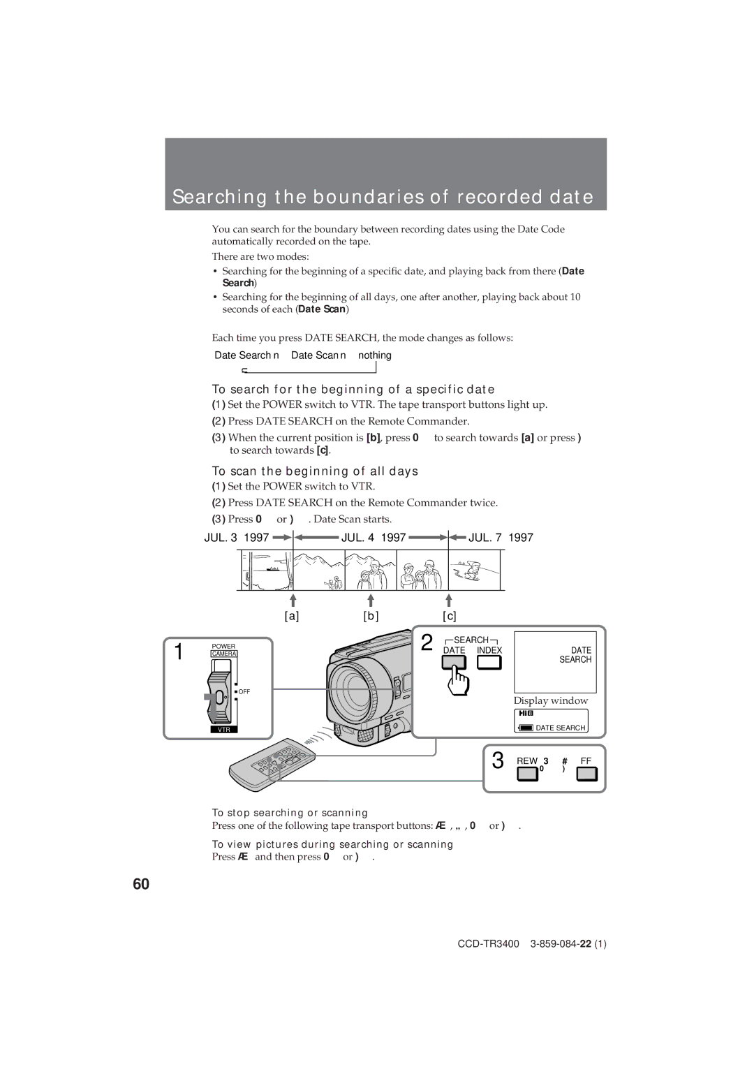 Sony CCD-TR3400 Searching the boundaries of recorded date, To search for the beginning of a specific date 