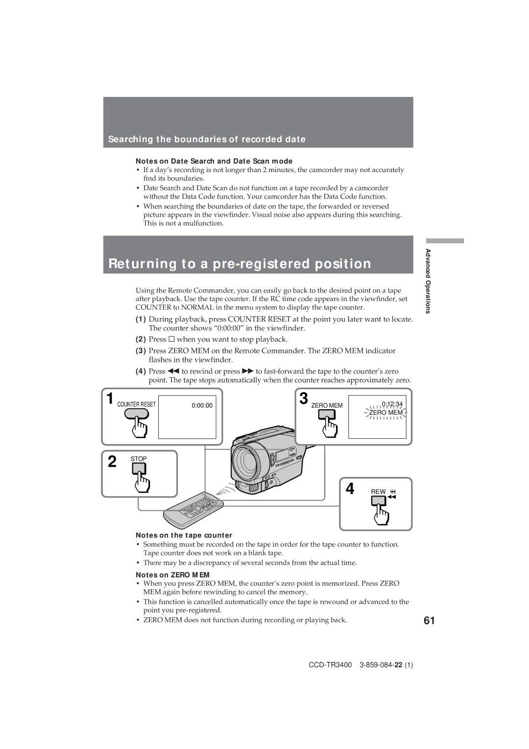 Sony CCD-TR3400 operating instructions Returning to a pre-registered position, Searching the boundaries of recorded date 