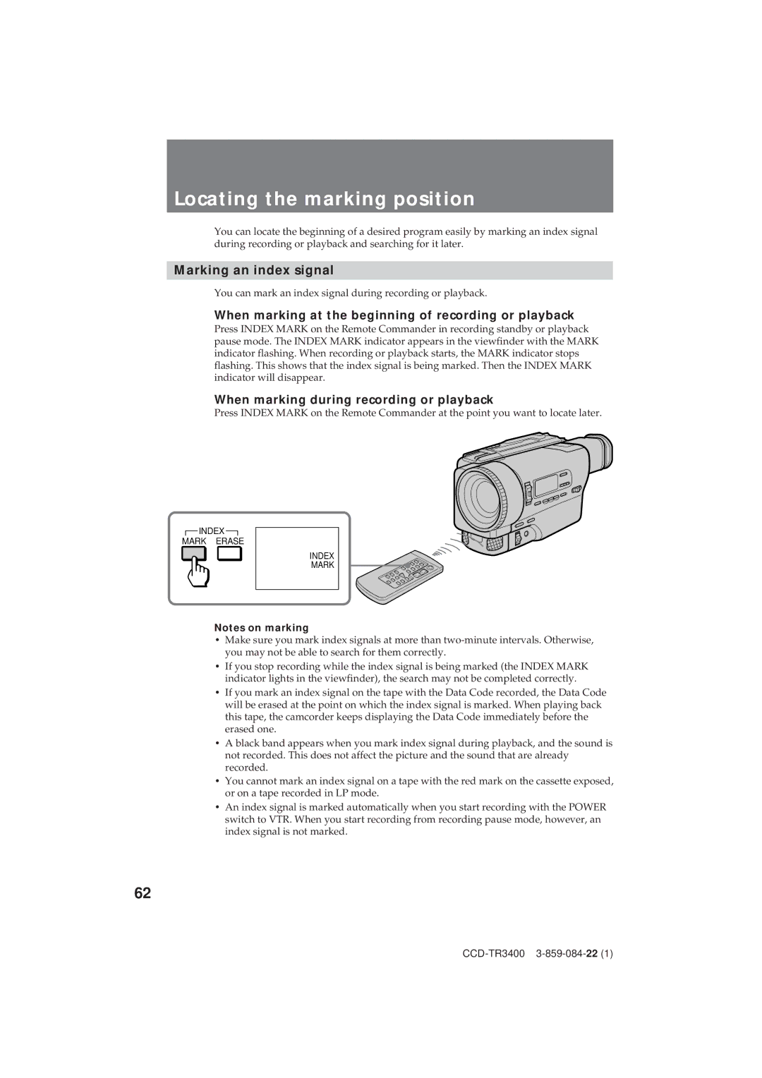 Sony CCD-TR3400 Locating the marking position, Marking an index signal, When marking during recording or playback 