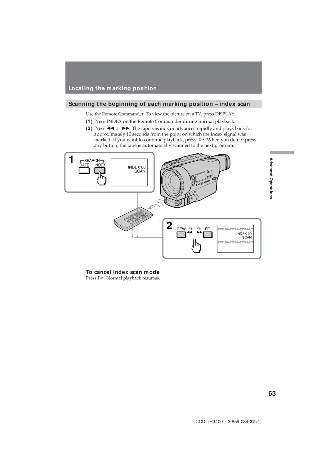 Sony CCD-TR3400 Locating the marking position, Scanning the beginning of each marking position index scan 