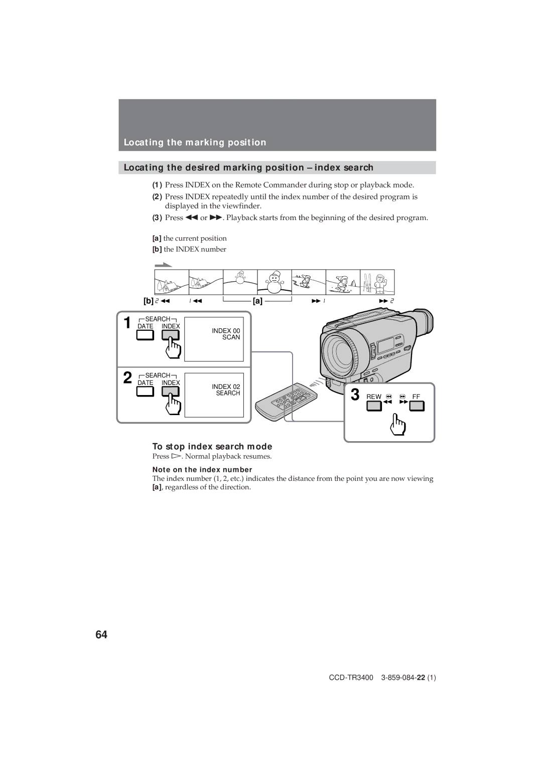 Sony CCD-TR3400 operating instructions Locating the desired marking position index search, To stop index search mode 