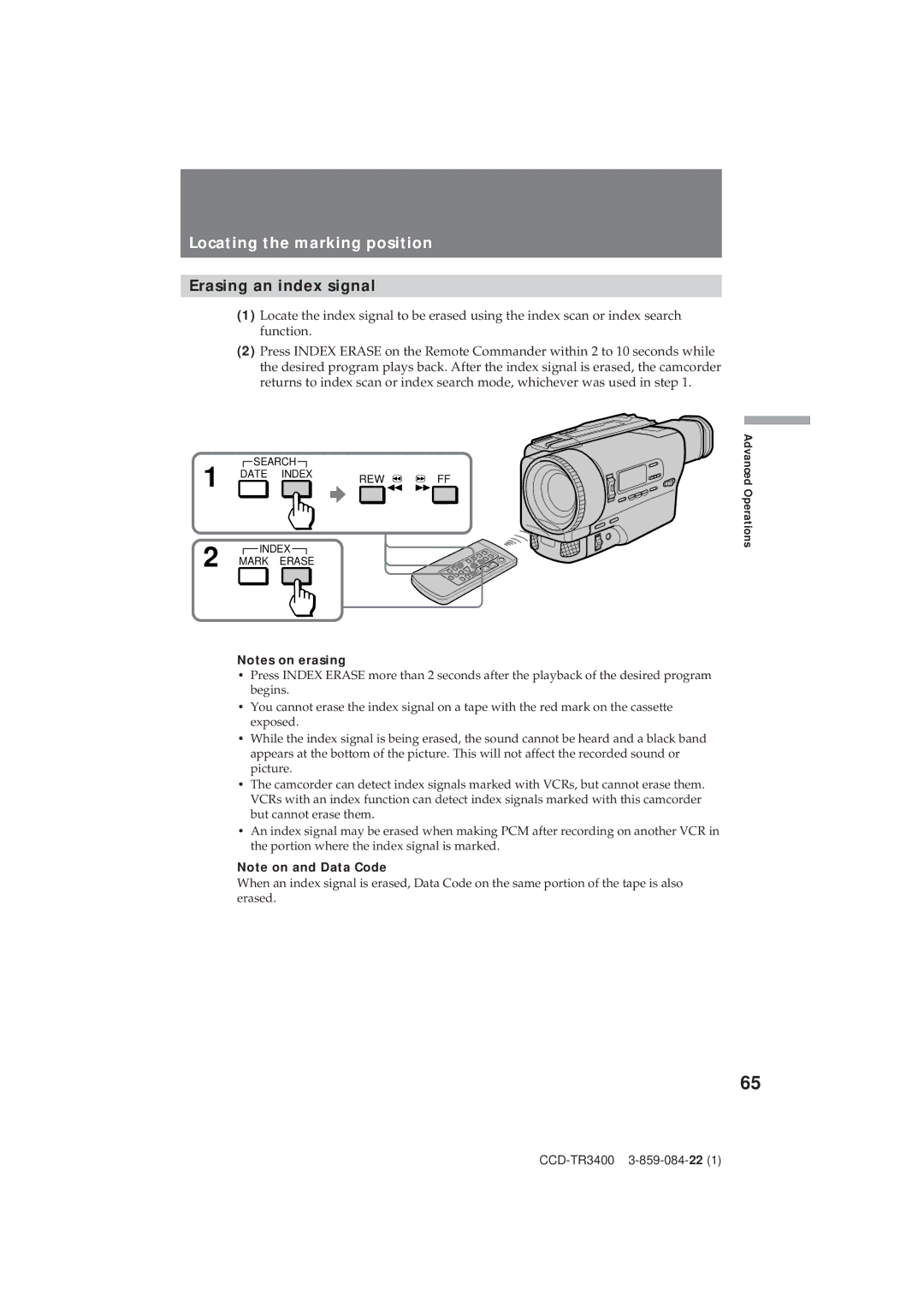 Sony CCD-TR3400 operating instructions Erasing an index signal 