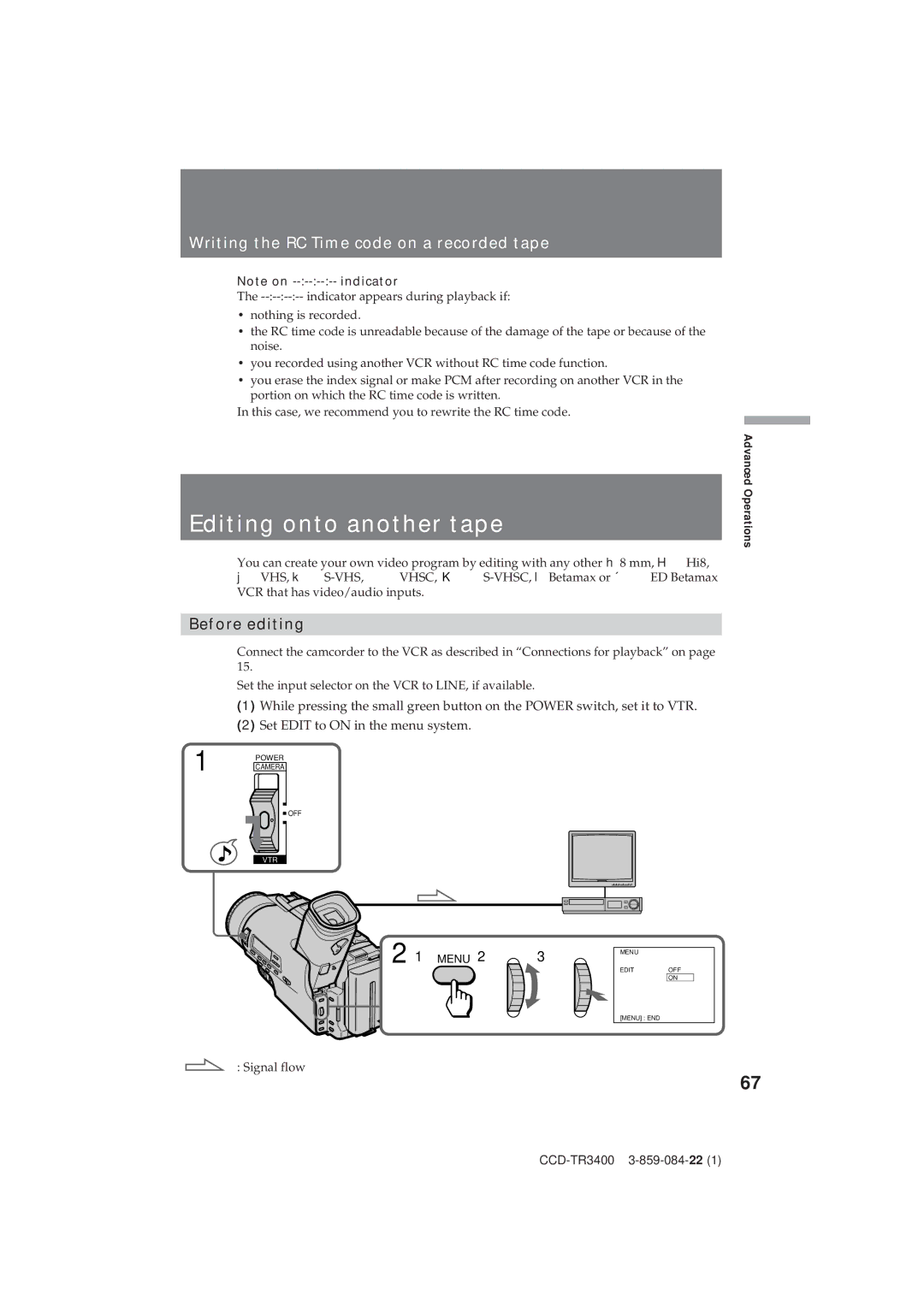 Sony CCD-TR3400 Editing onto another tape, Writing the RC Time code on a recorded tape, Before editing, Indicator 