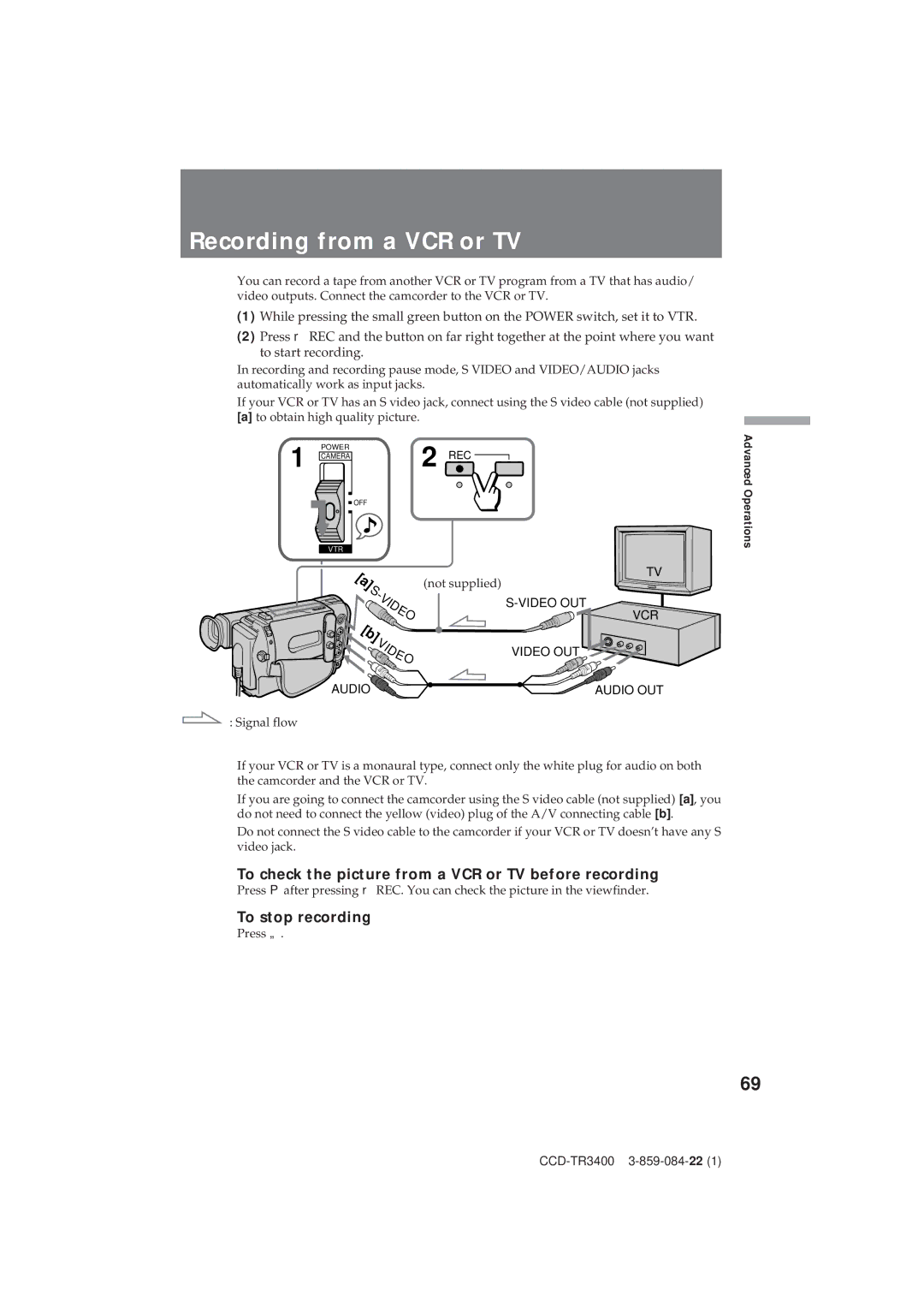 Sony CCD-TR3400 Recording from a VCR or TV, To check the picture from a VCR or TV before recording, To stop recording 