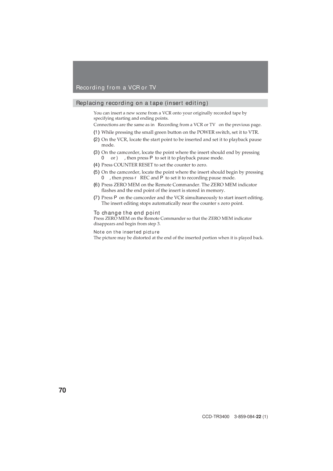 Sony CCD-TR3400 operating instructions Recording from a VCR or TV, Replacing recording on a tape insert editing 