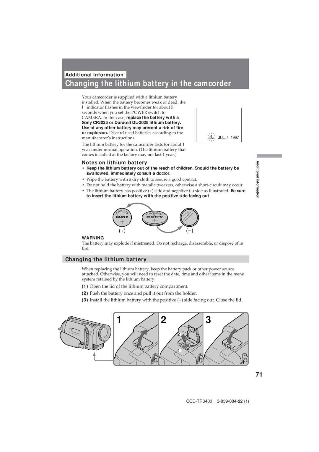 Sony CCD-TR3400 operating instructions Changing the lithium battery in the camcorder 