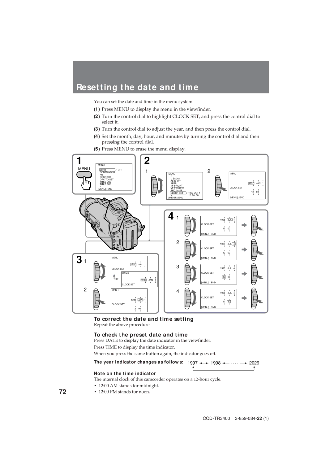Sony CCD-TR3400 Resetting the date and time, To correct the date and time setting, To check the preset date and time 