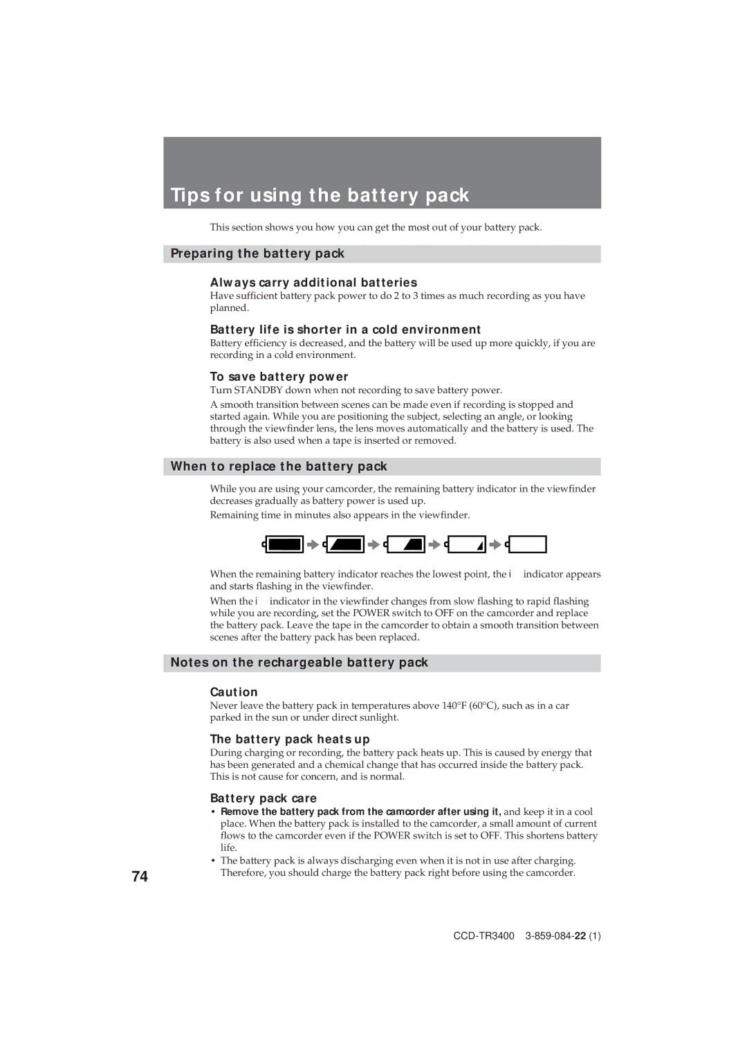 Sony CCD-TR3400 operating instructions Tips for using the battery pack 