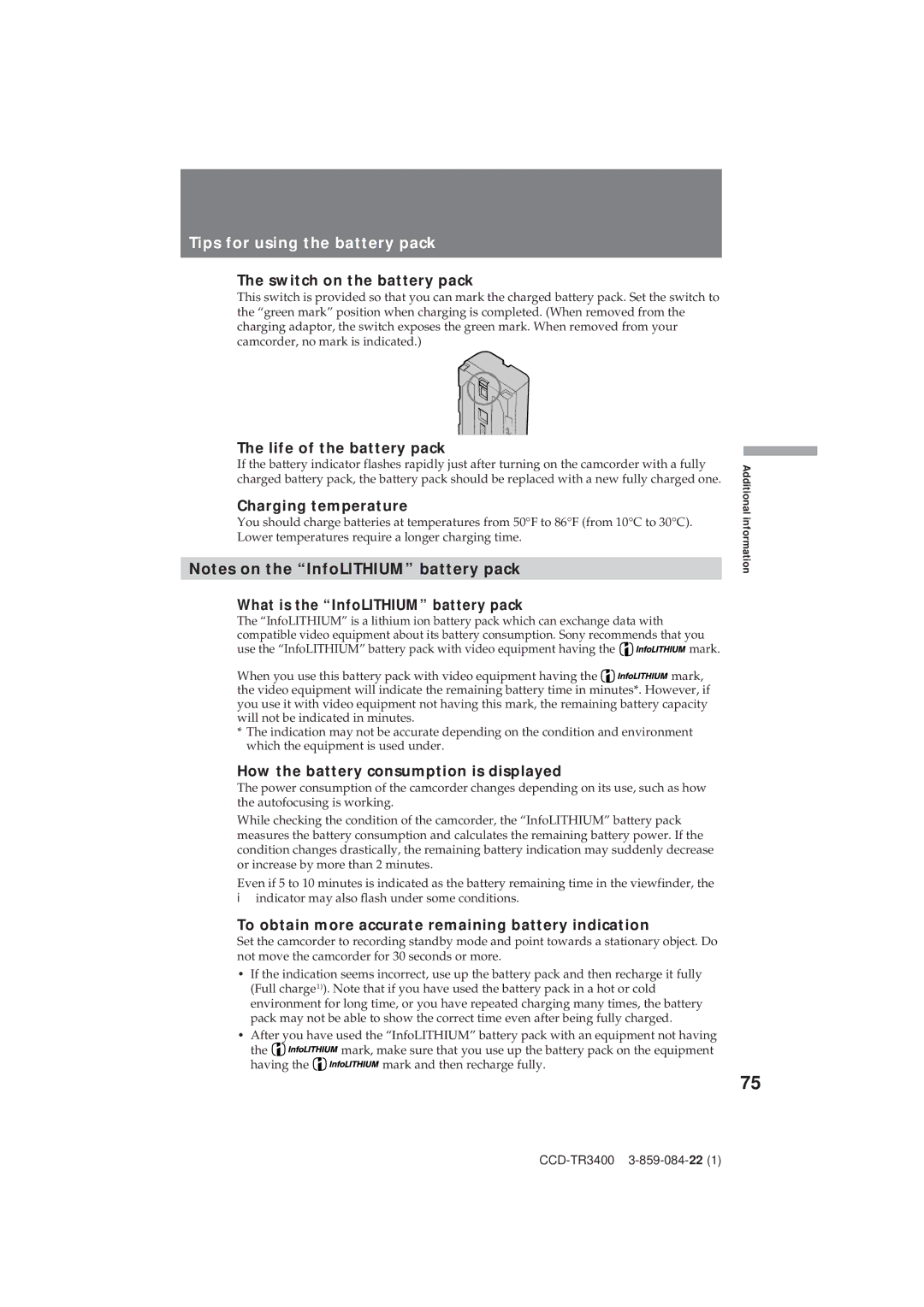 Sony CCD-TR3400 operating instructions Tips for using the battery pack 