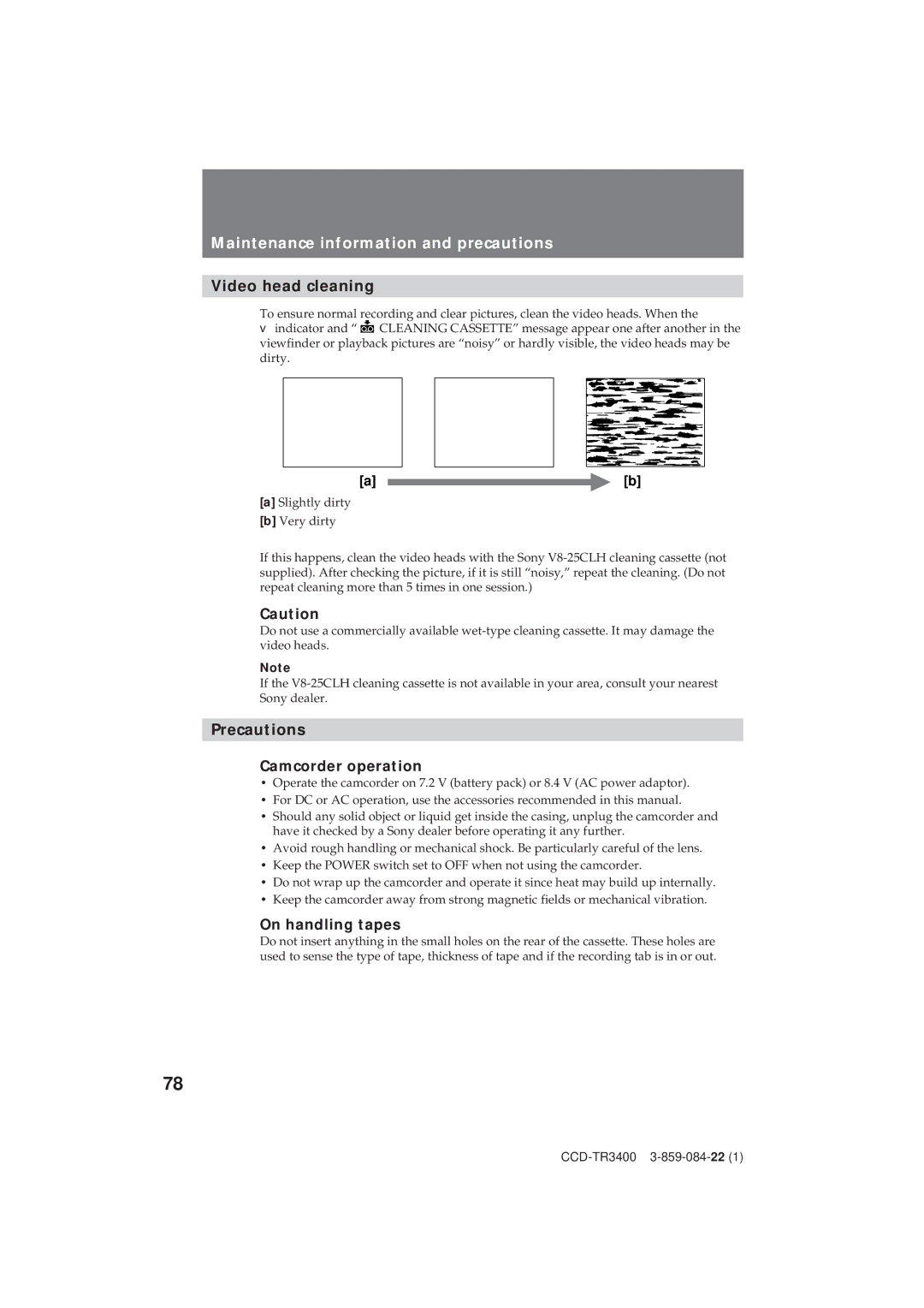 Sony CCD-TR3400 Maintenance information and precautions, Video head cleaning, Precautions Camcorder operation 