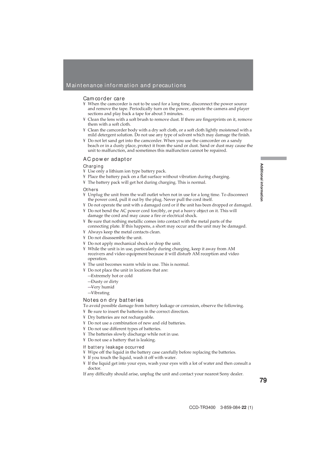 Sony CCD-TR3400 operating instructions Camcorder care, AC power adaptor, Charging, Others, If battery leakage occurred 