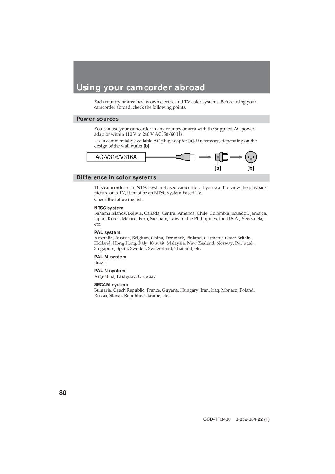 Sony CCD-TR3400 operating instructions Using your camcorder abroad, Power sources, Difference in color systems 