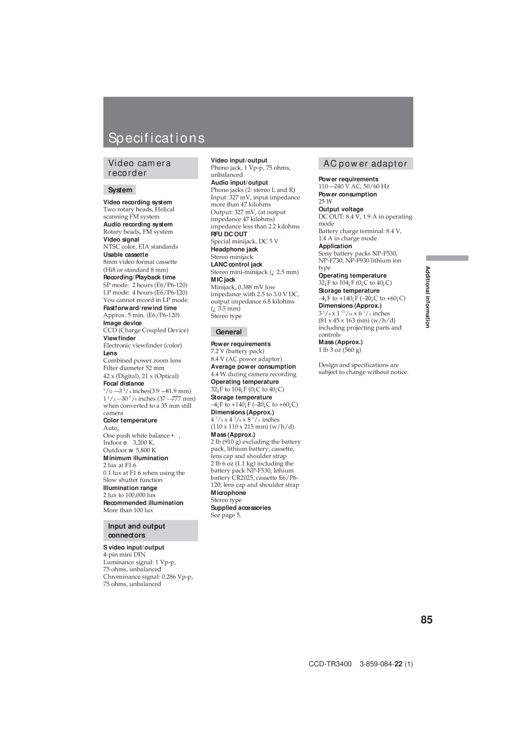 Sony CCD-TR3400 operating instructions Specifications, Video camera recorder, System, Input and output connectors, General 