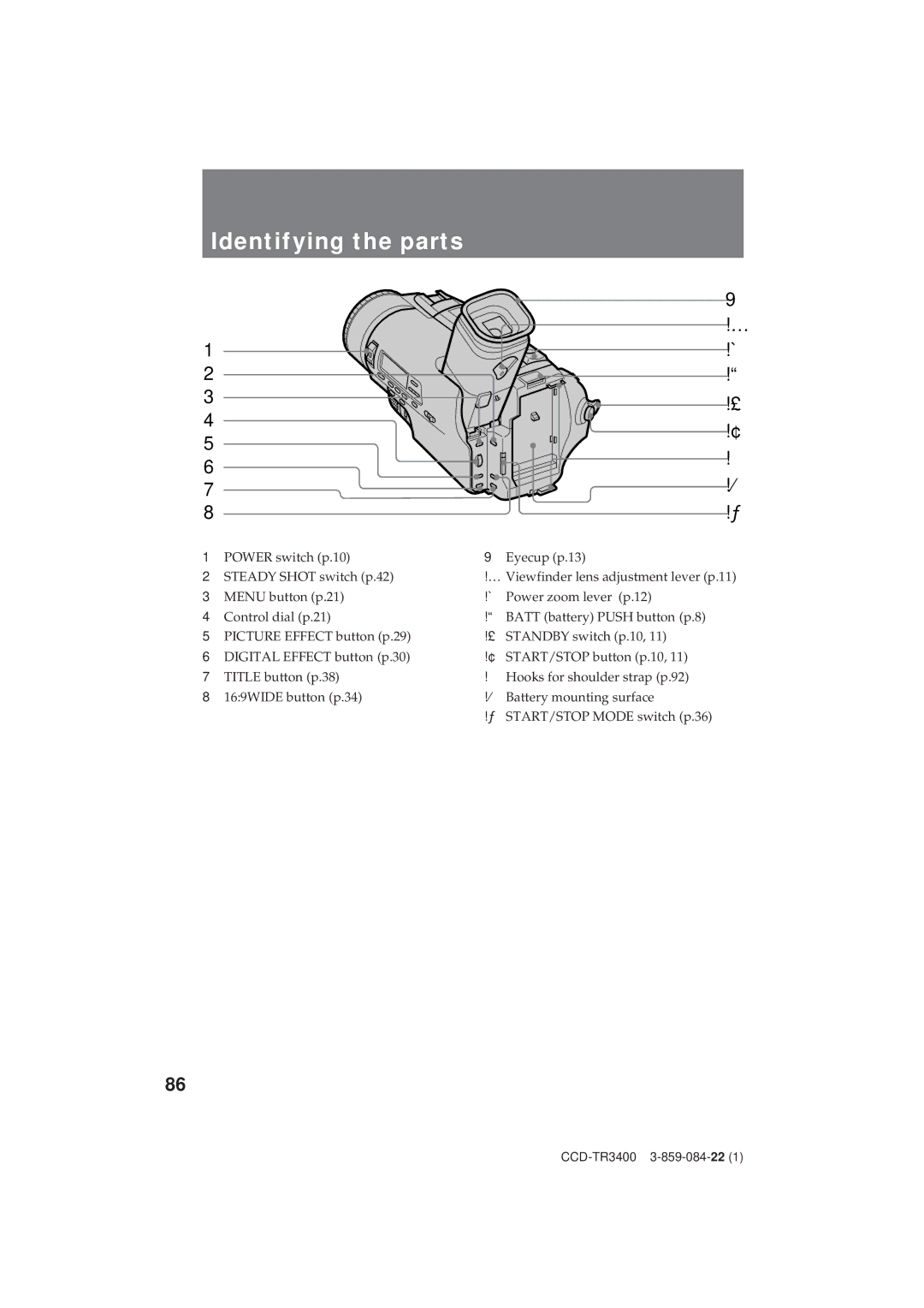 Sony CCD-TR3400 operating instructions Identifying the parts, £ !¢ ! !¤ 