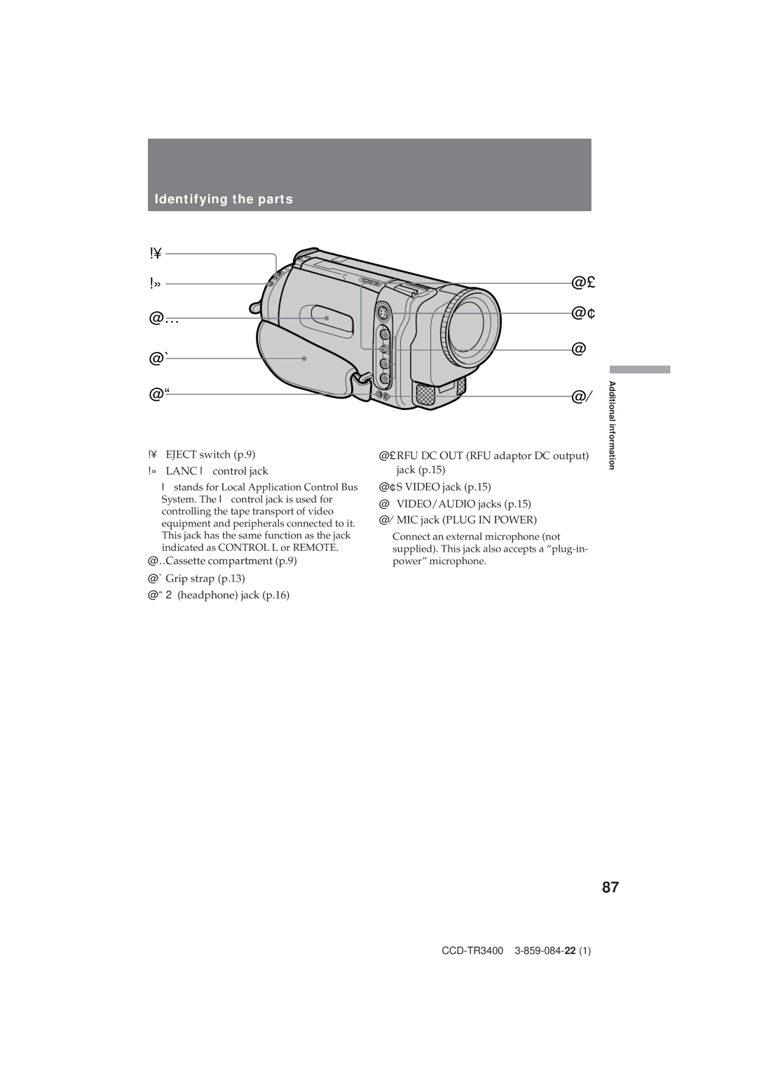 Sony CCD-TR3400 operating instructions ¥ !», Identifying the parts 