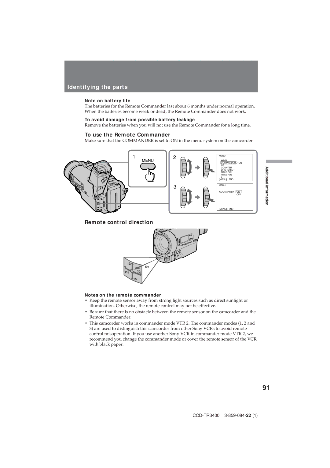 Sony CCD-TR3400 To use the Remote Commander, Remote control direction, To avoid damage from possible battery leakage 