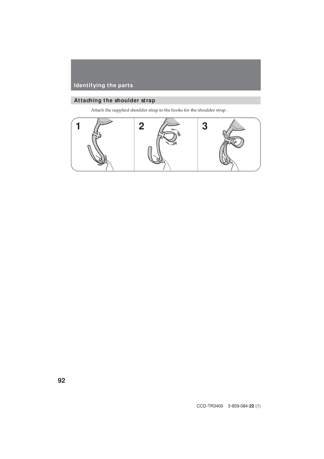 Sony CCD-TR3400 operating instructions Attaching the shoulder strap 