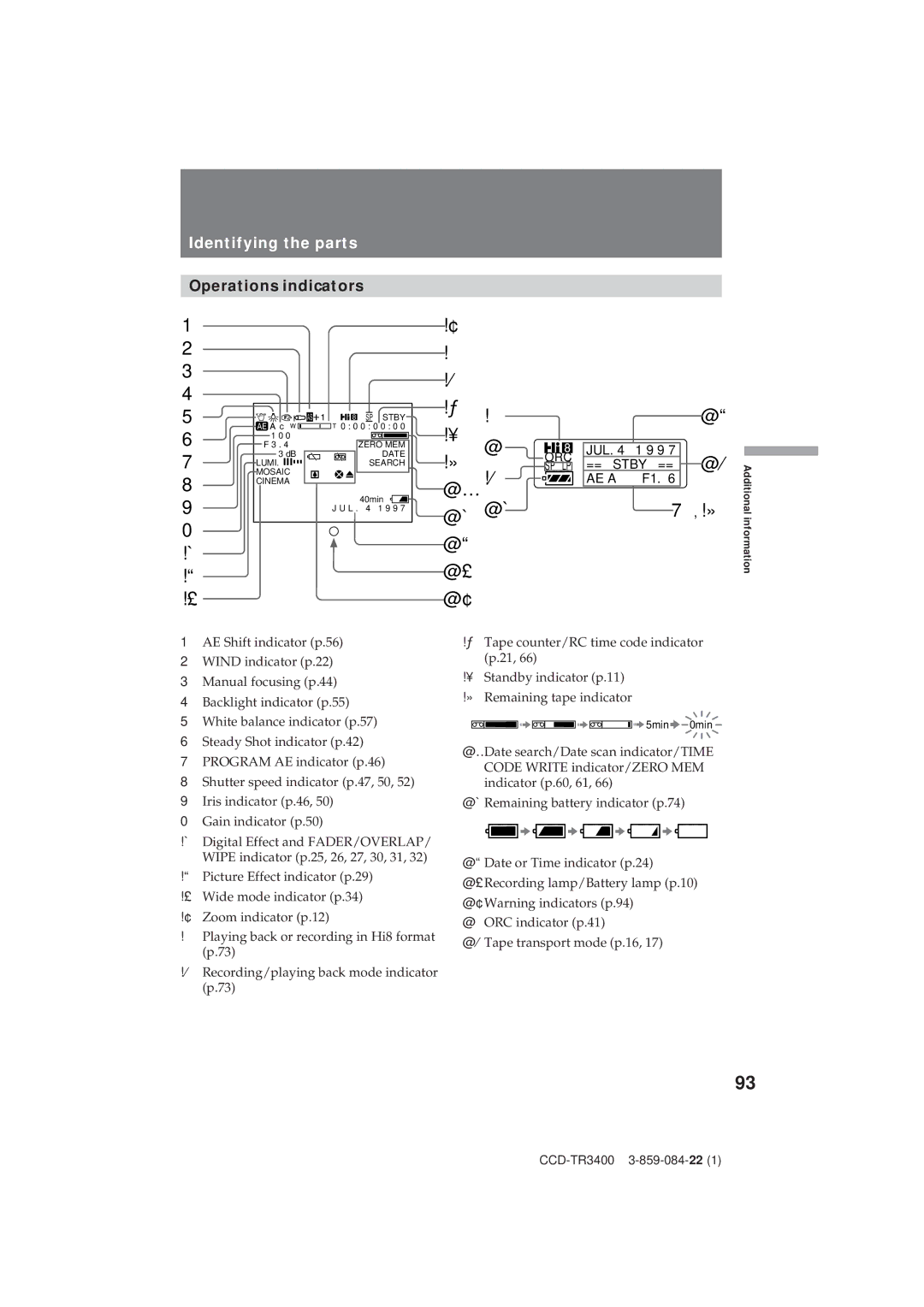 Sony CCD-TR3400 operating instructions Operations indicators, AE a 