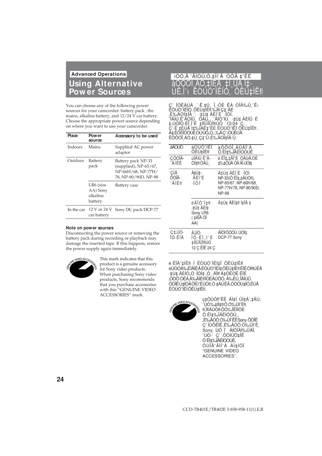 Sony CCD-TR402E Using Alternative Power Sources, Advanced Operations, Ìòó‚Â ¯Âìòú‚Ó‚‡Ìì˚Â Óôâ ‡ˆëë, Place Power 