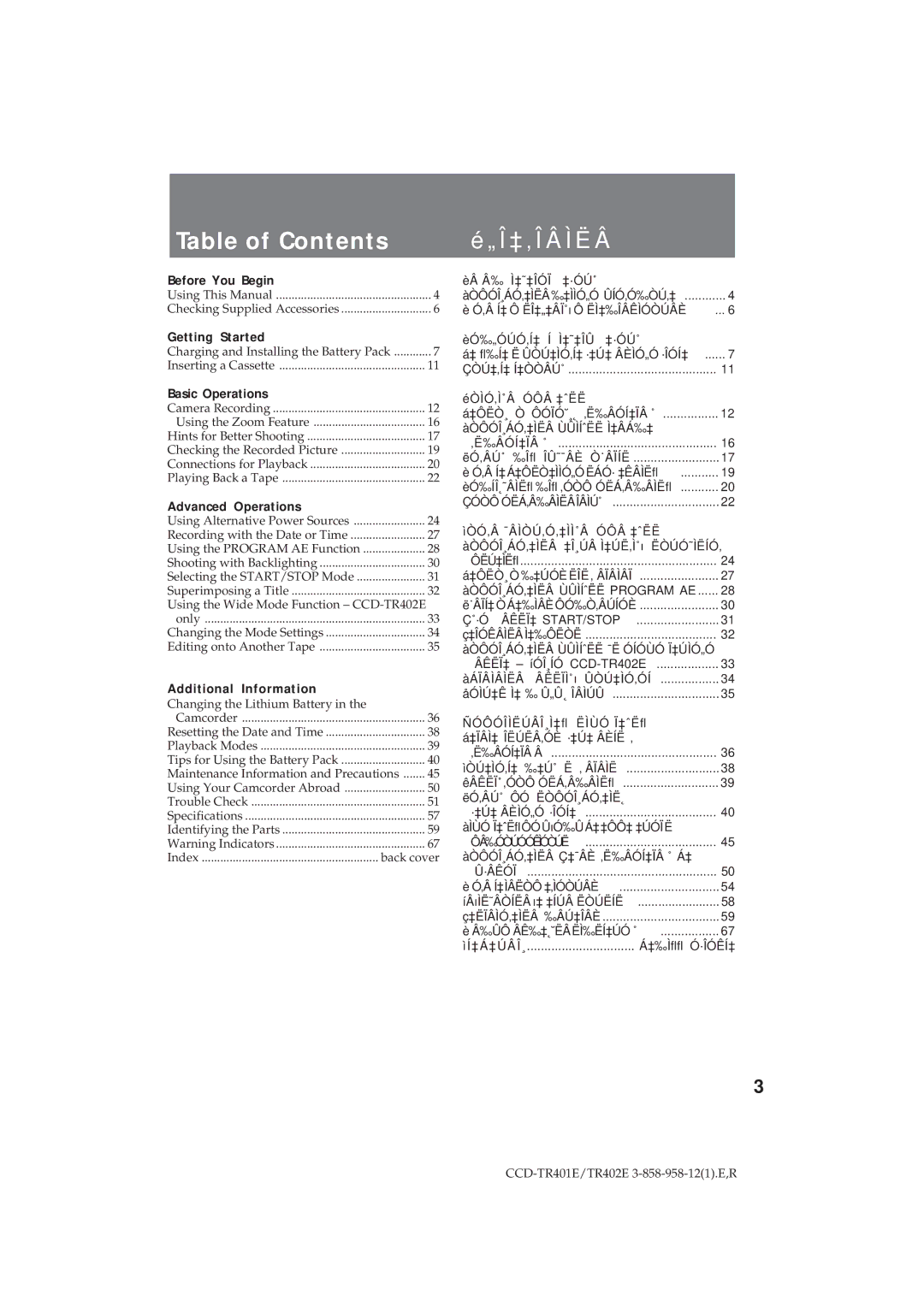 Sony CCD-TR402E operating instructions Table of Contents 