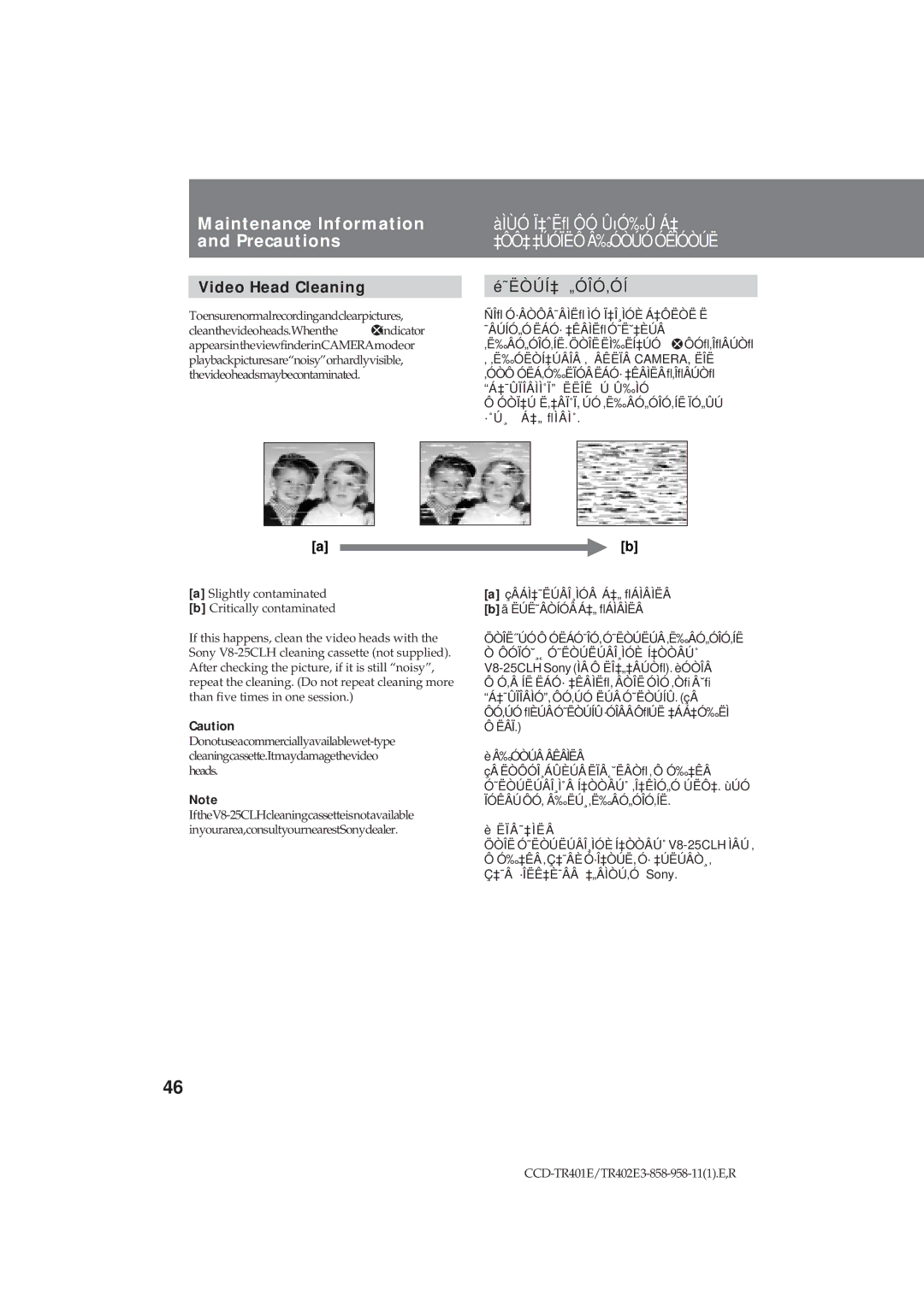 Sony CCD-TR402E operating instructions Maintenance Information and Precautions, Video Head Cleaning, ˜Ëòúí‡ „Óîó‚Óí 