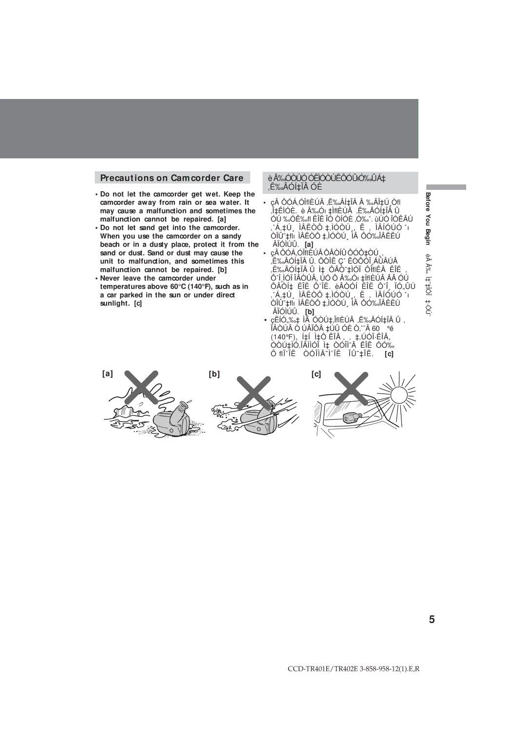 Sony CCD-TR402E operating instructions Precautions on Camcorder Care 