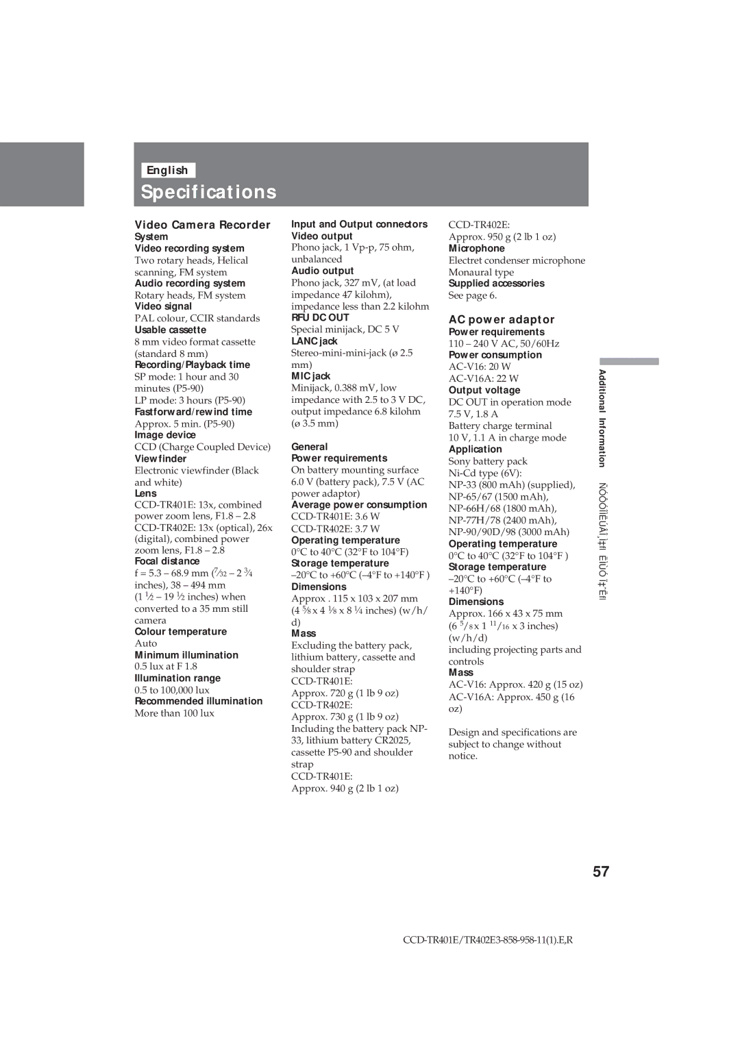 Sony CCD-TR402E operating instructions Specifications, Video Camera Recorder 