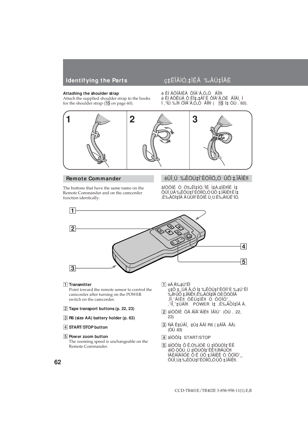 Sony CCD-TR402E Remote Commander, ÈÛÎ¸Ú ‰ËÒÚ‡ÌˆËÓÌÌÓ„Ó ÛÔ ‡‚ÎÂÌËﬂ, Attaching the shoulder strap, Transmitter 