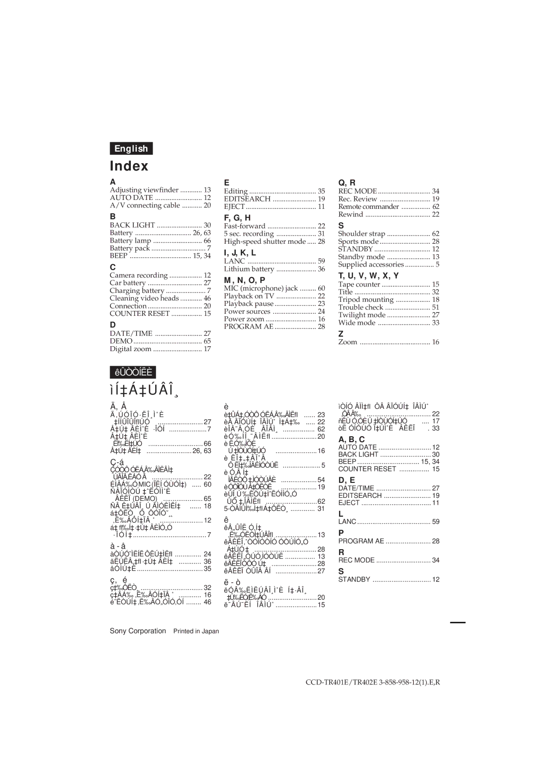 Sony CCD-TR402E operating instructions K, L, O, P, V, W, X, Y 