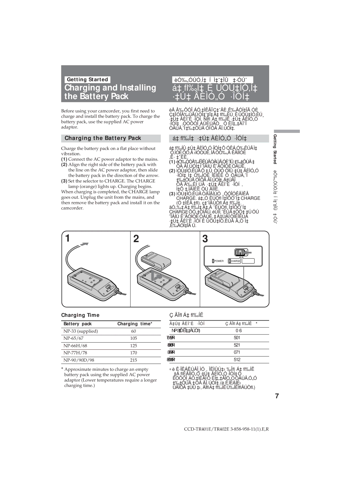 Sony CCD-TR402E Charging and Installing, ·‡Ú‡ Âèìó„Ó ·Îóí‡, Charging the Battery Pack, ‡ ﬂ‰Í‡ ·‡Ú‡ ÂÈÌÓ„Ó ·ÎÓÍ‡ 