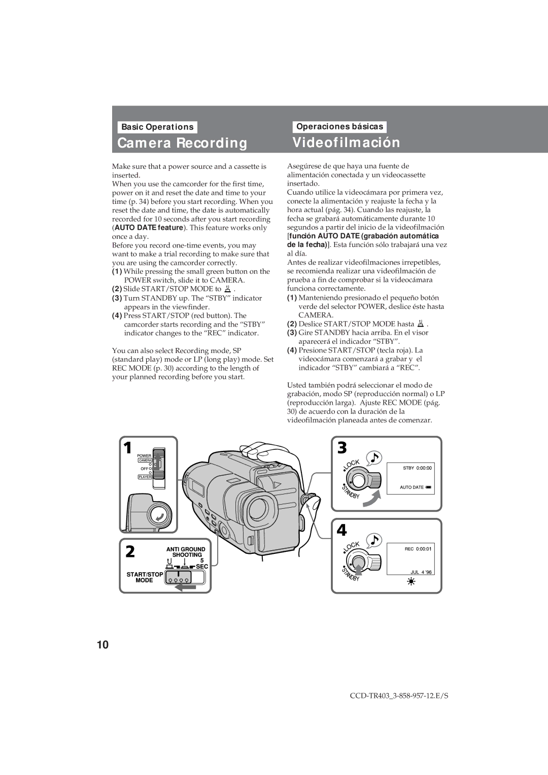 Sony CCD-TR403 operating instructions Camera Recording, Videofilmación, Basic Operations, Operaciones básicas 