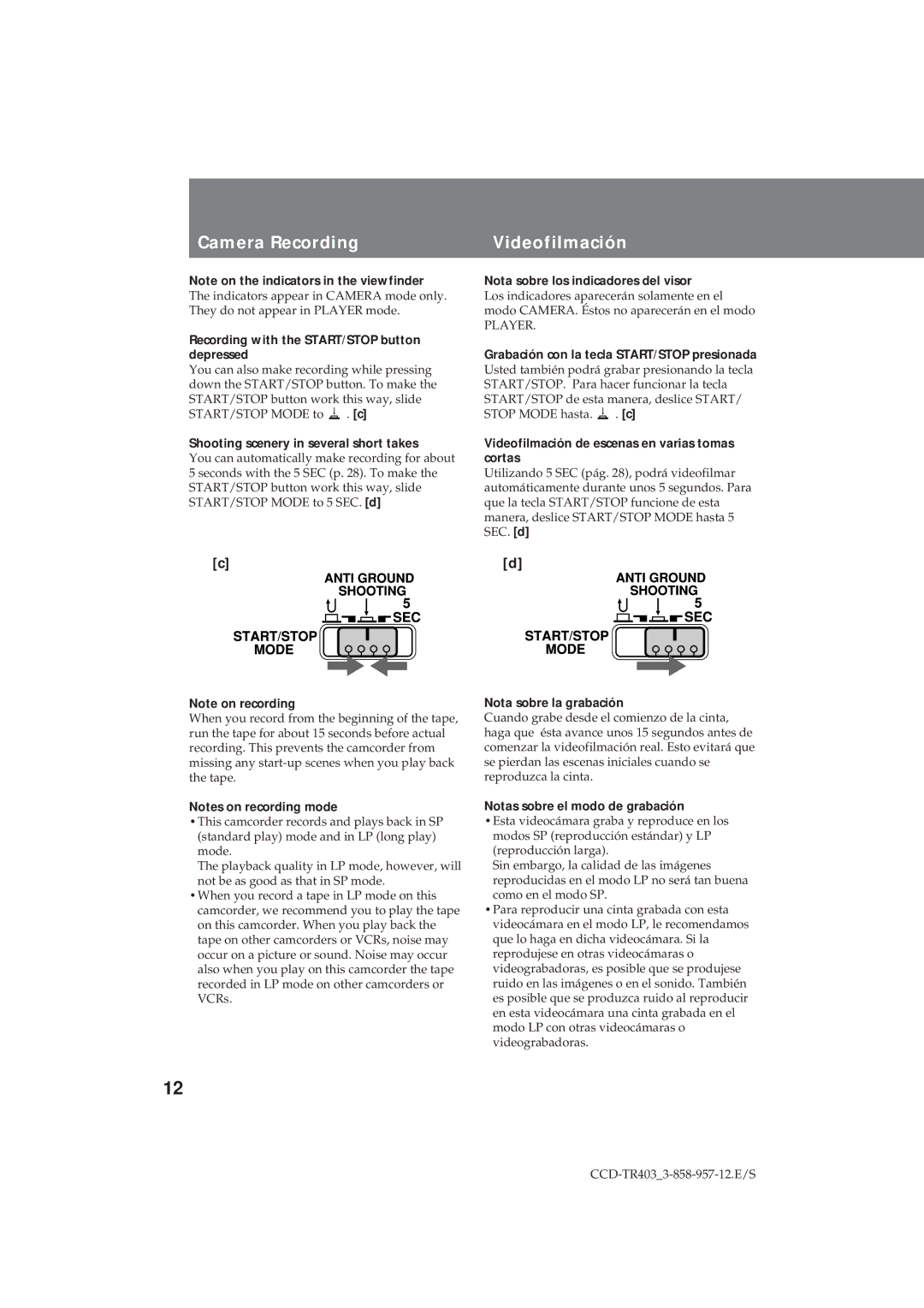 Sony CCD-TR403 operating instructions Camera Recording Videofilmación 