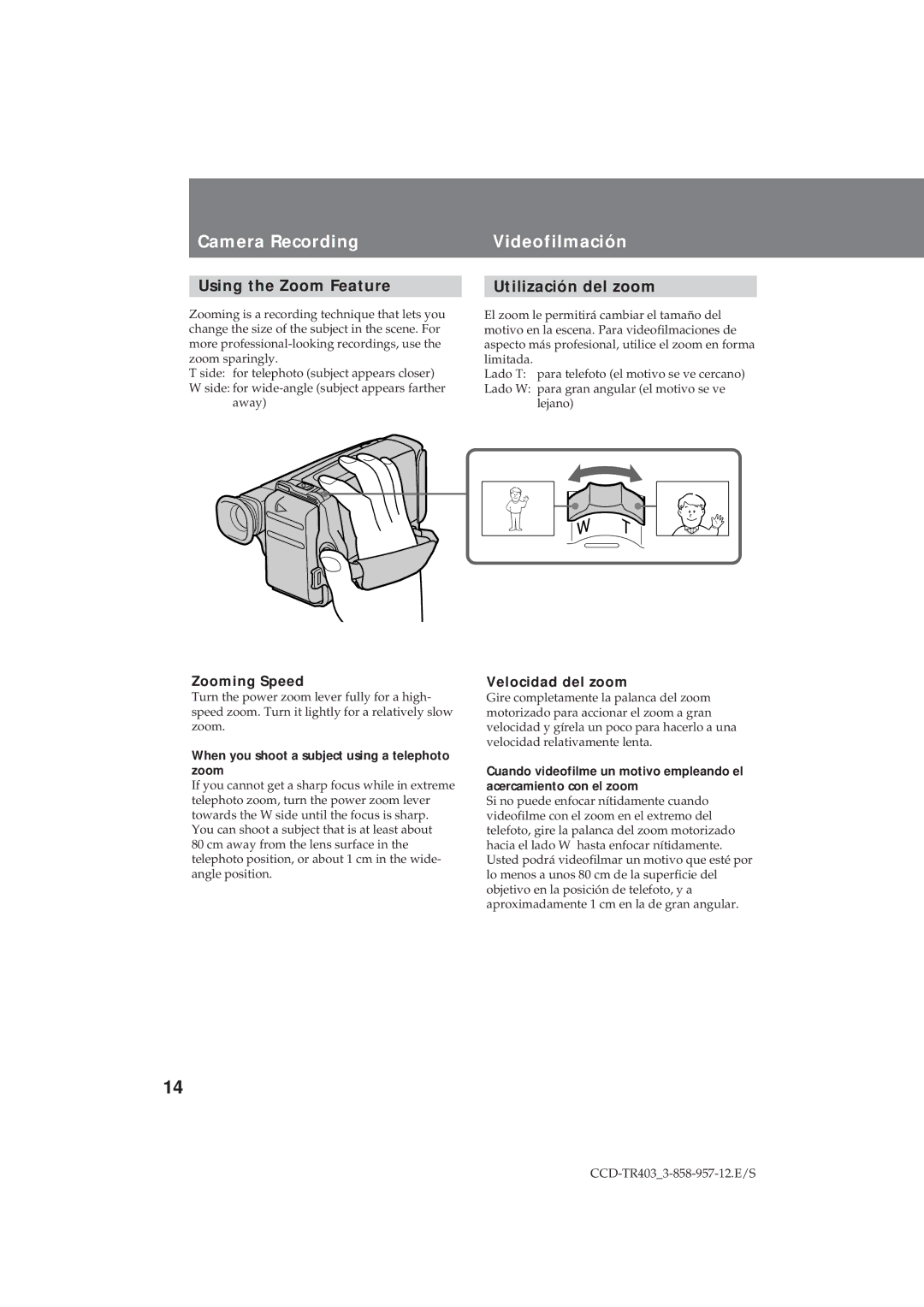 Sony CCD-TR403 operating instructions Using the Zoom Feature, Utilización del zoom, Zooming Speed, Velocidad del zoom 